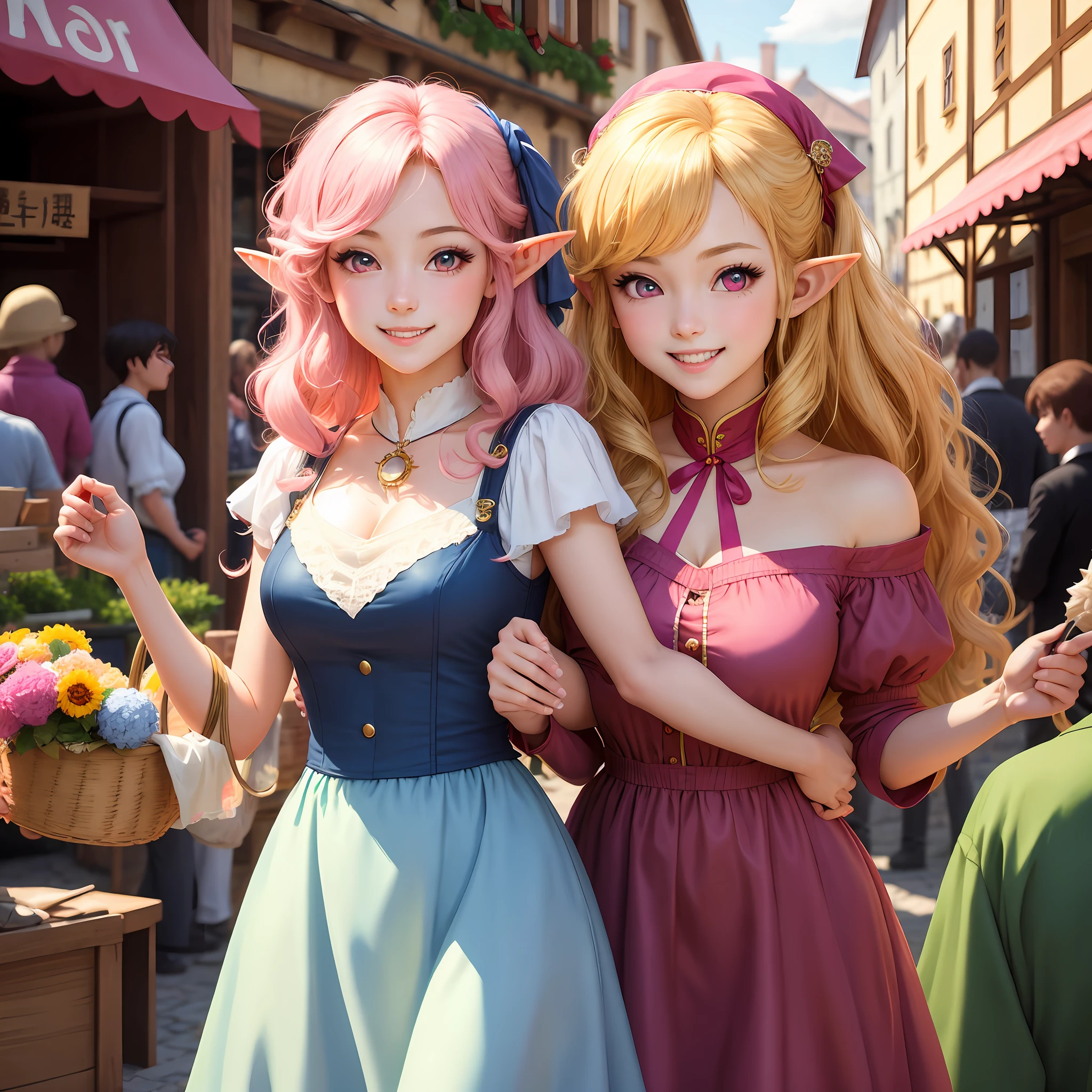 (Best Quority,a masterpiece of,Artistically)A girl in a pink dress,Long curly blonde hair,Large volumes,Wavy curly hair,By bangs。Pink eyes。Elf ears。animemanga girl,Realistic style,CG。grin。Rococo dress。A bazaar in a medieval retro town。sun beam,Sunny weather