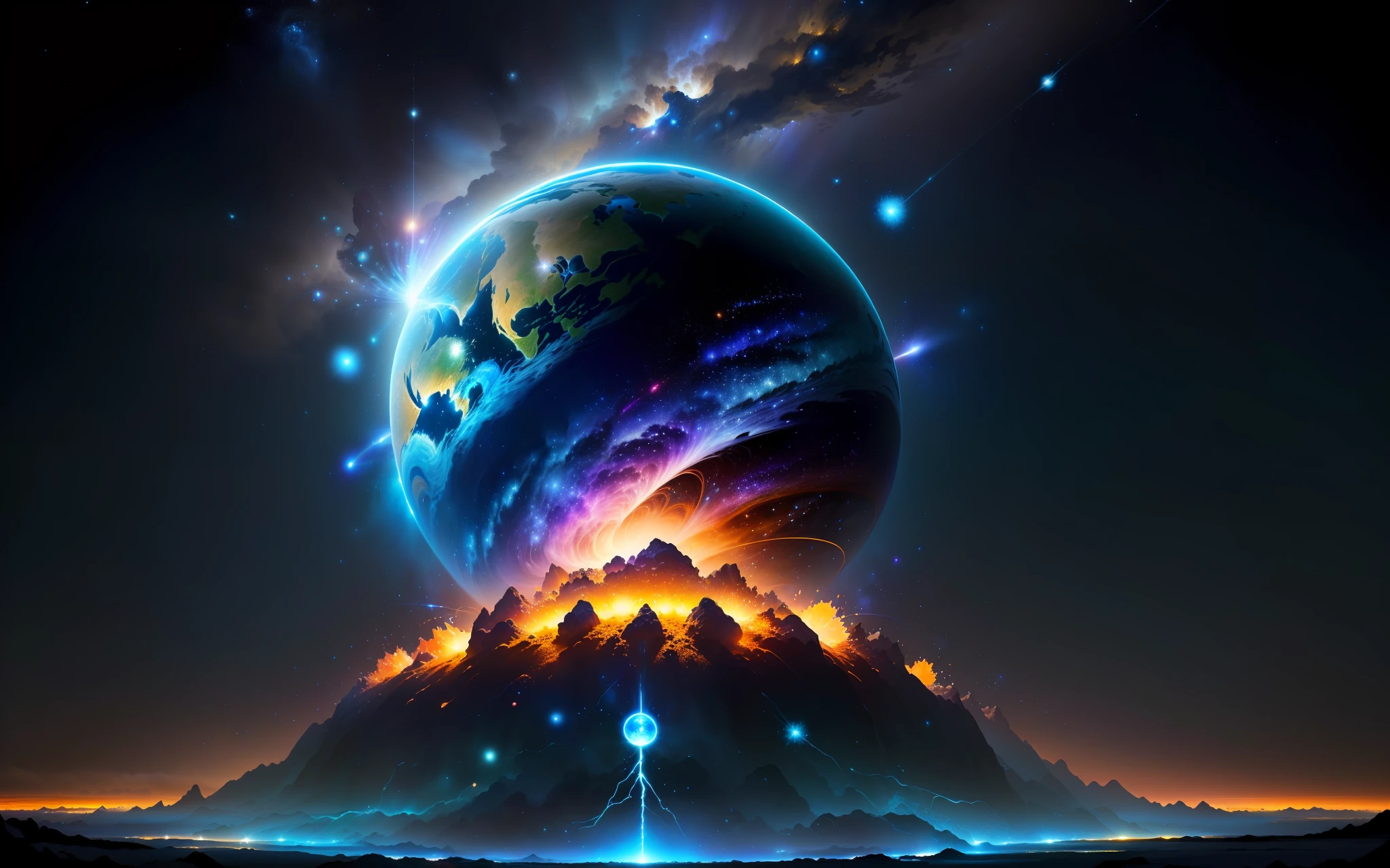 (anthill) (the best quality, Masterpiece), (Magical, charming, beautiful blue planet), (transformation, explosions), (bright star), (ultra-detailed details, dynamic camera), (wide view), (celestial illumination), (vibrant color and saturation), Energy spreads to the surroundings,Quantum mechanical depictions