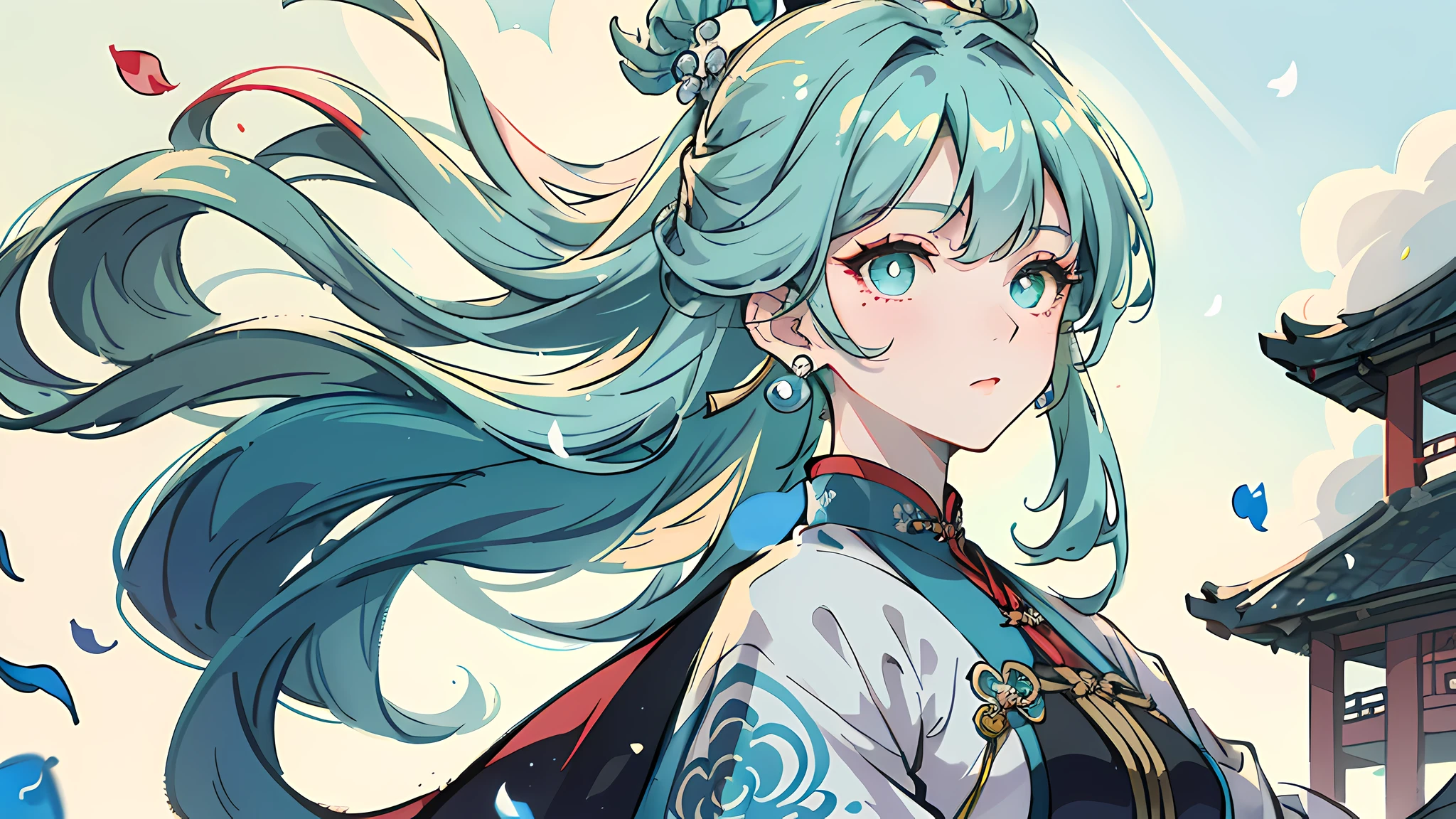 Mature girl , green pupils, blue-white hair color, floating hair, delicate and flexible eyes, intricate damask Hanfu, gorgeous accessories, wearing pearl earrings, fov, f/1.8, masterpiece, ancient Chinese style architecture, blue sky, flower petals flying, front portrait shot, Chang'e, side lighting, sunlight on people, 8K