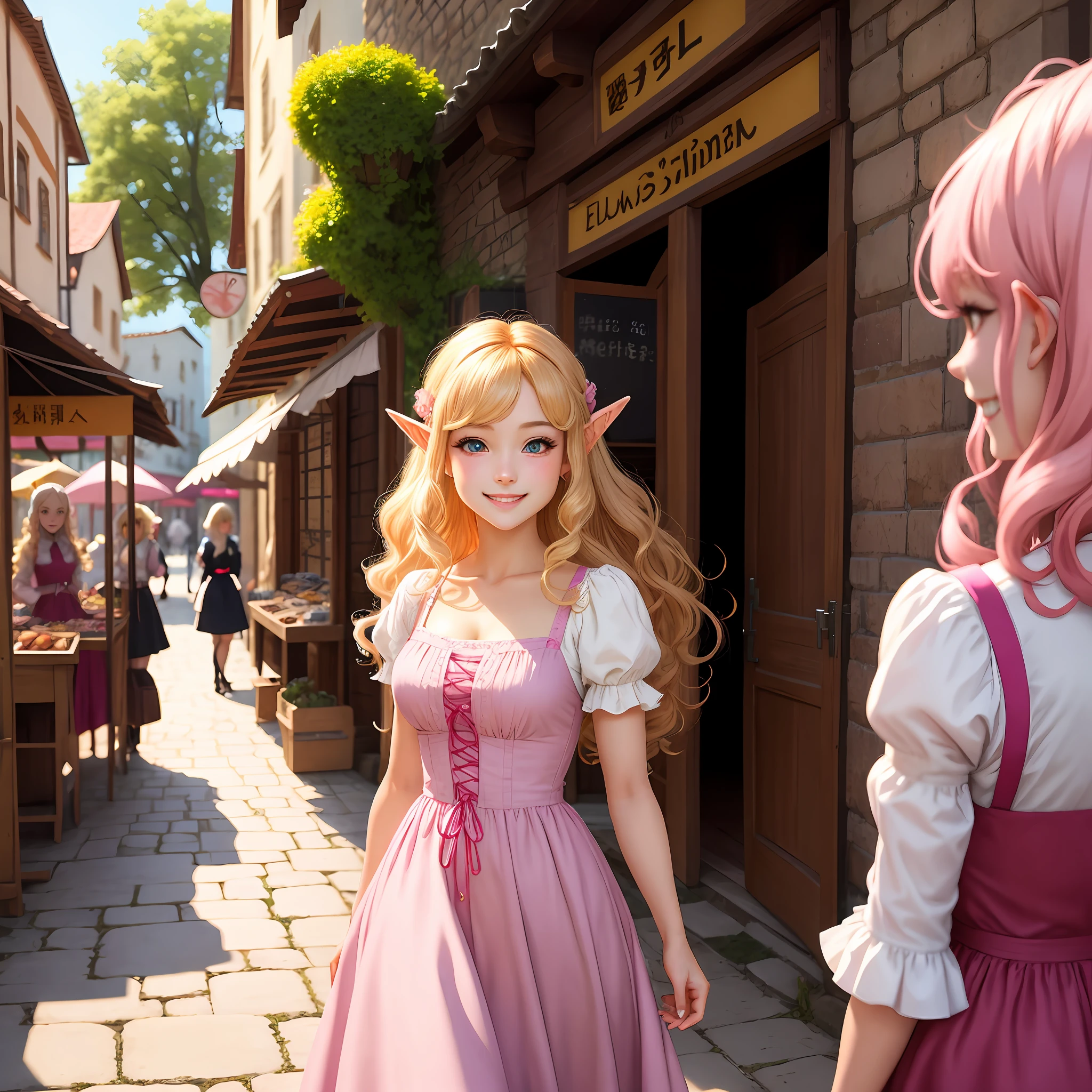 (Best Quority,a masterpiece of,Artistically)A girl in a pink dress,Long curly blonde hair,Large volumes,Wavy curly hair,By bangs。Pink eyes。Elf ears。animemanga girl,Realistic style,CG。grin。Rococo dress。A bazaar in a medieval retro town。sun beam,Sunny weather