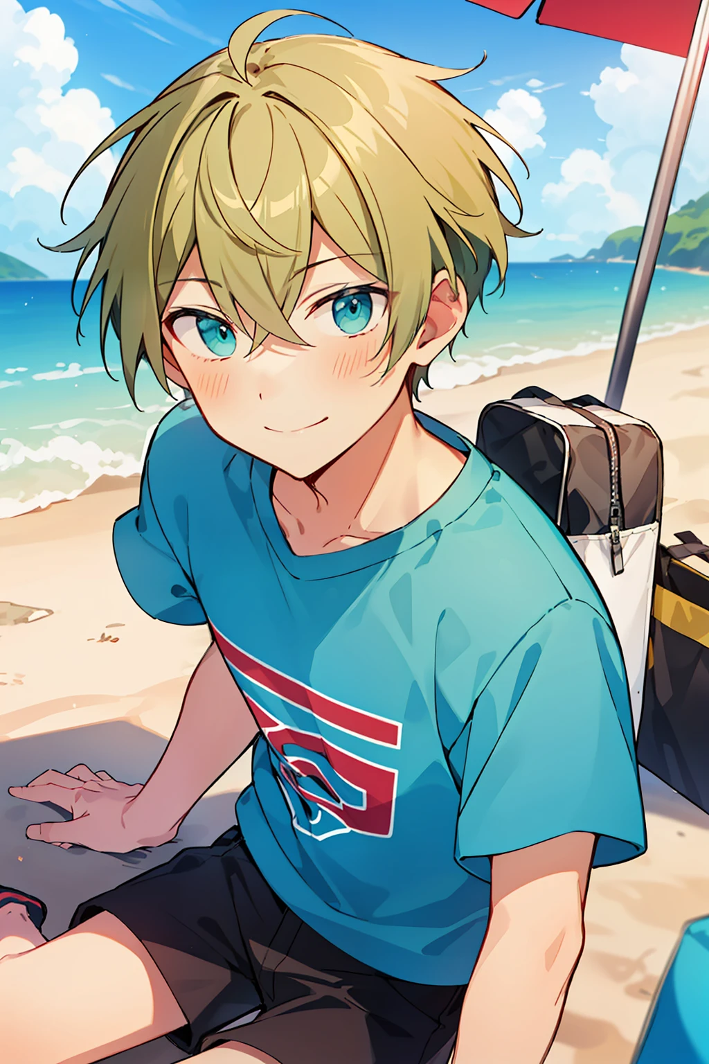 (high-quality, breathtaking),(expressive eyes, perfect face), 1boy, male, solo, short, young boy, short greenish blonde hair, teal eyes, smile, tshirt, at the beach, half body