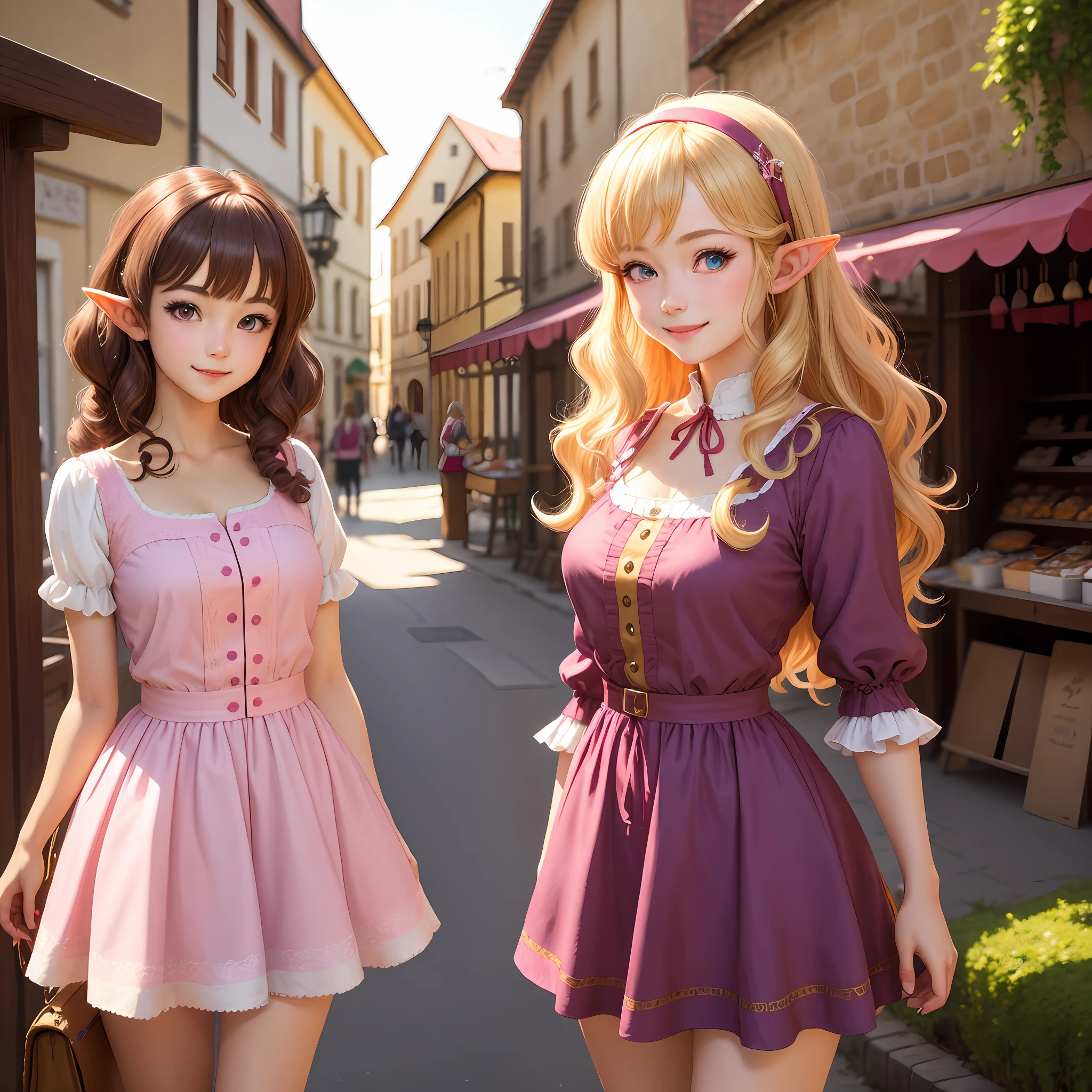 (Best Quority,a masterpiece of,Artistically)A girl in a pink dress,Long curly blonde hair,Large volumes,Wavy curly hair,By bangs。Pink eyes。Elf ears。animemanga girl,Realistic style,CG。grin。Rococo dress。A bazaar in a medieval retro town。sun beam,Sunny weather