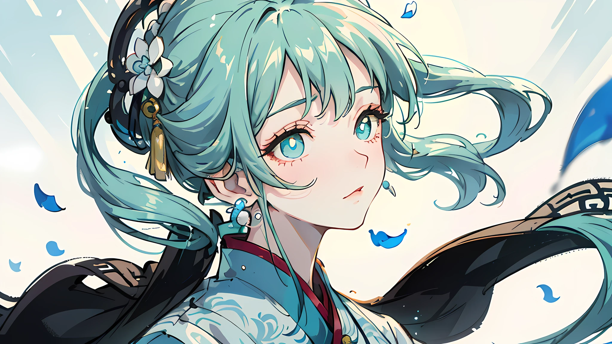 Mature girl , green pupils, blue-white hair color, floating hair, delicate and flexible eyes, intricate damask Hanfu, gorgeous accessories, wearing pearl earrings, fov, f/1.8, masterpiece, ancient Chinese style architecture, blue sky, flower petals flying, front portrait shot, Chang'e, side lighting, sunlight on people, 8K