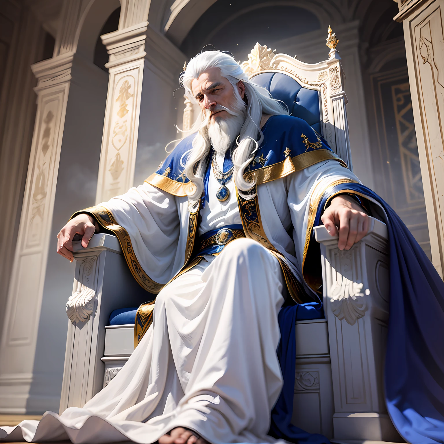(masterpiece, best quality, ultra-realistic), God's blue throne of sapphire stone, floating over the clouds, a rainbow over the throne, divine man, white hair and beard, white clothes, (emitting light:1.3), (gleaming:1.2)