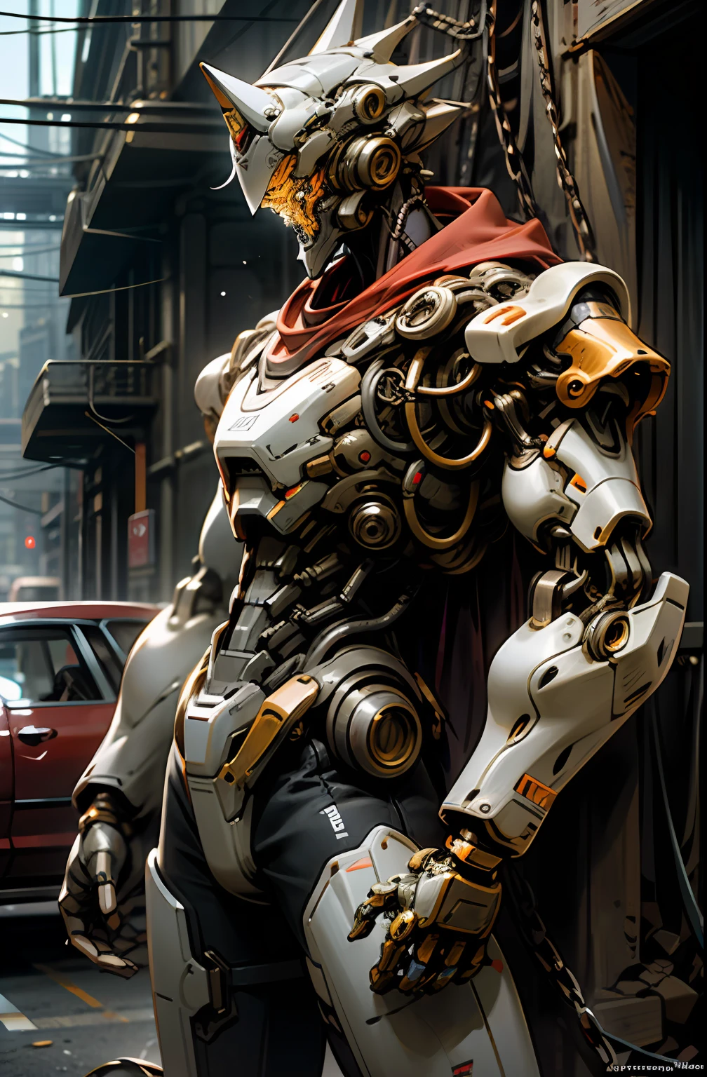 Dark_Fantasy,Cyberpunk,(chain saw,chain saw man,Red:1.1),1man,Mechanical marvel,Robotic presence,Cybernetic guardian, wearing a worn-out mech suit, intricate, (steel metal [rusty]), elegant, clear focus, shot by greg rutkowski, soft lighting, vibrant colors, masterpiece, ((street)), cowboy shot, dynamic pose,