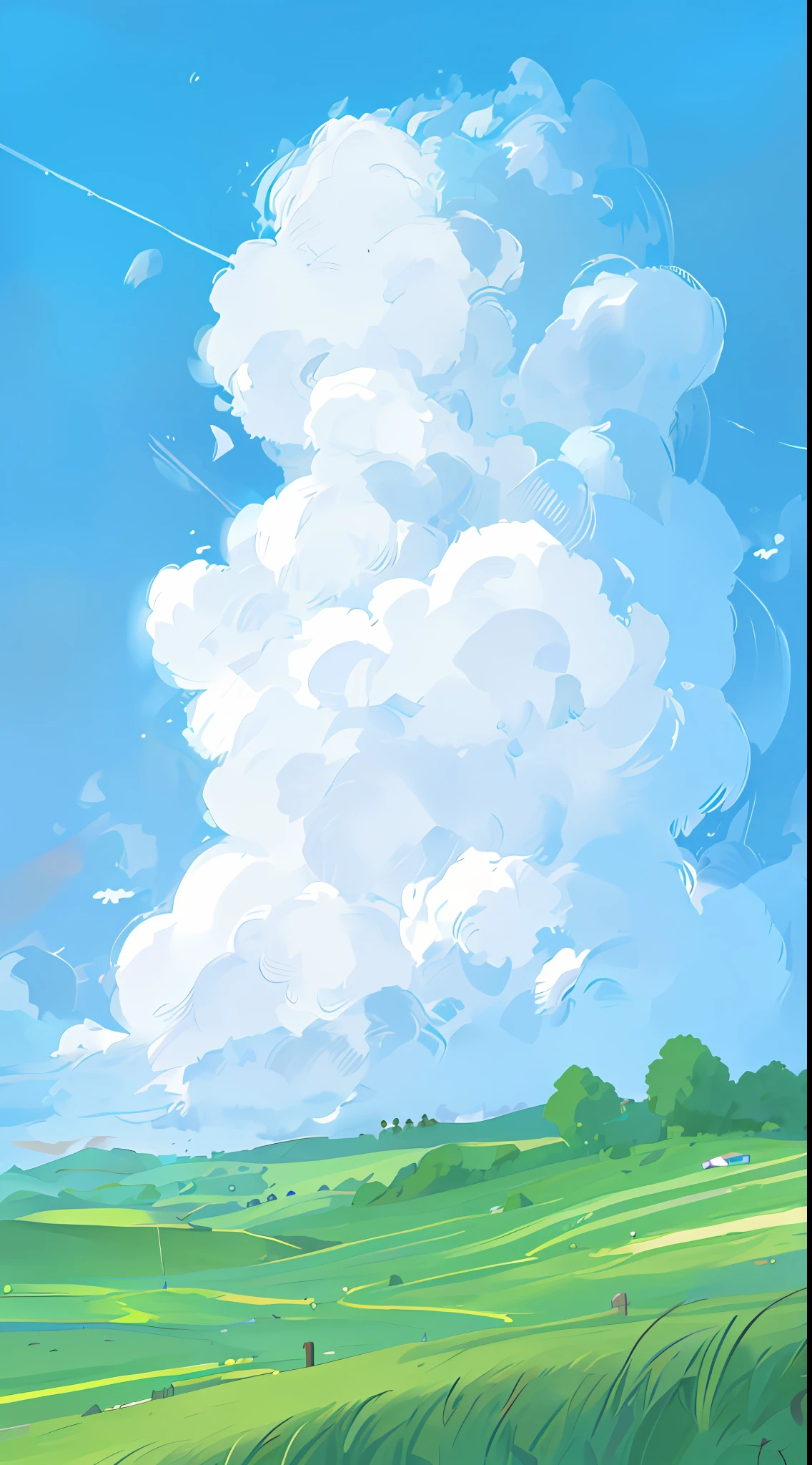 there is a cartoon picture of a green field with a cloud, anime clouds, beautifull puffy clouds. Anime, some cloud, tall fluffy clouds, Nice clouds, background artwork, arte de fundo, Fluffy clouds, high clouds, giant clouds, Large clouds, puffy cute clouds, Large clouds, voluminous clouds, fantasy puffy sky, Detailed clouds, anime countryside landscape