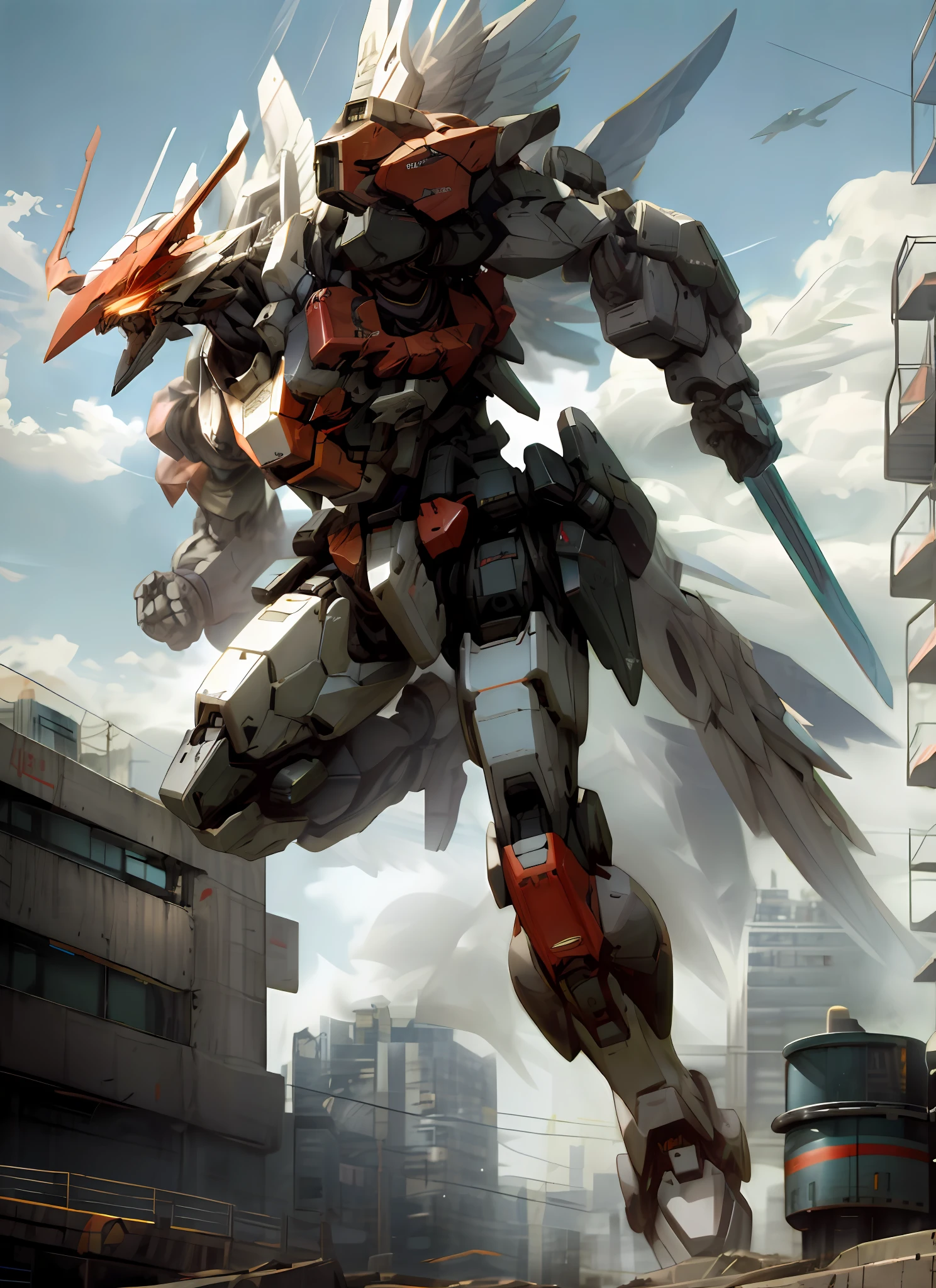 sky, cloud, holding_rifle, no_humans, metalic red colour, dynamic pose robot, building, glowing_eyes, mecha, science_fiction, city, realistic,mecha humanoid, flying in the sky, simple eagle mechanical head