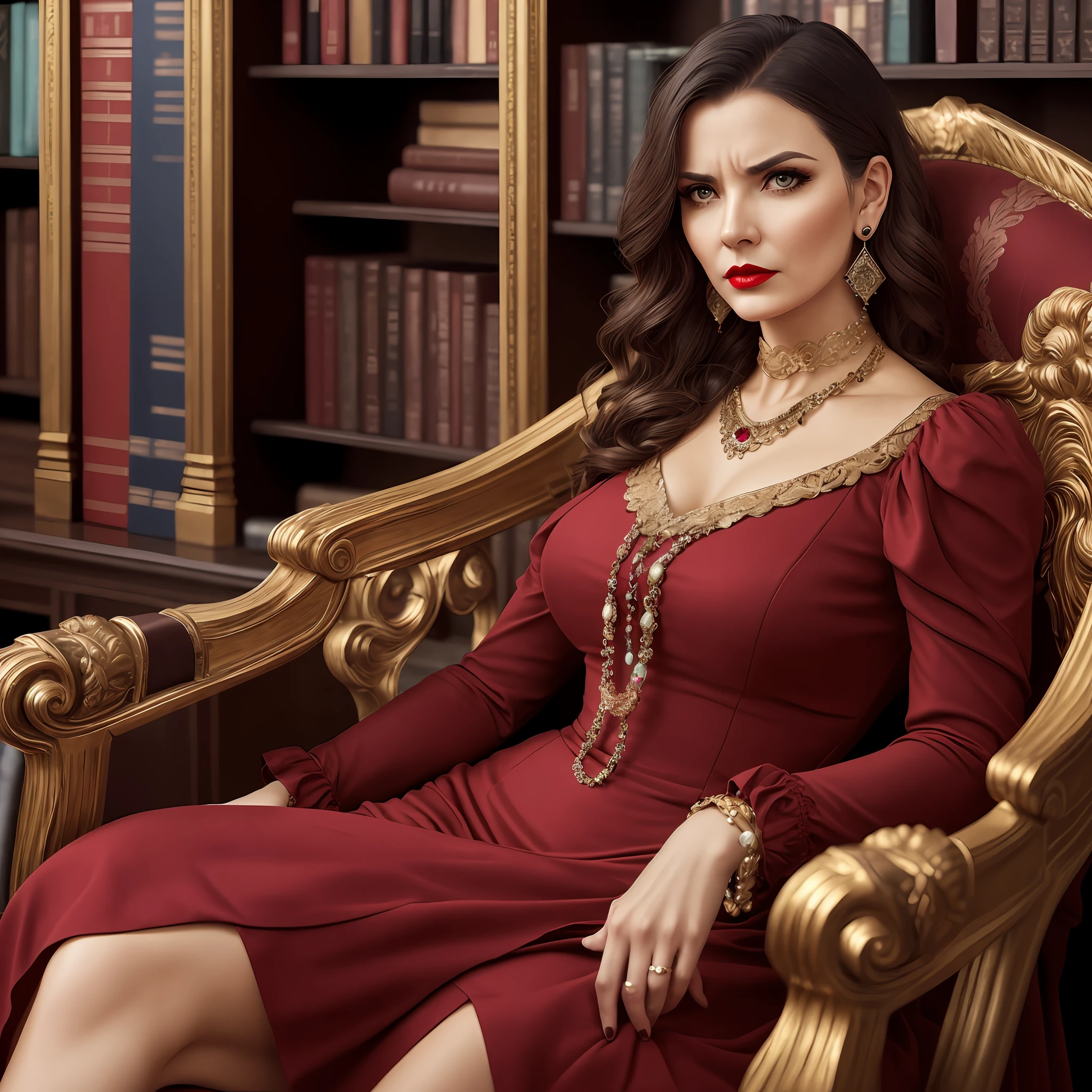Woman, fifty years old, armchair, noble, jewellery, ear ring, russian face, makeup, red lips, brown fancy hair, noble dress, single, one person, victorian dress, solo, library, baroque, intimidating, (serious expression) --auto