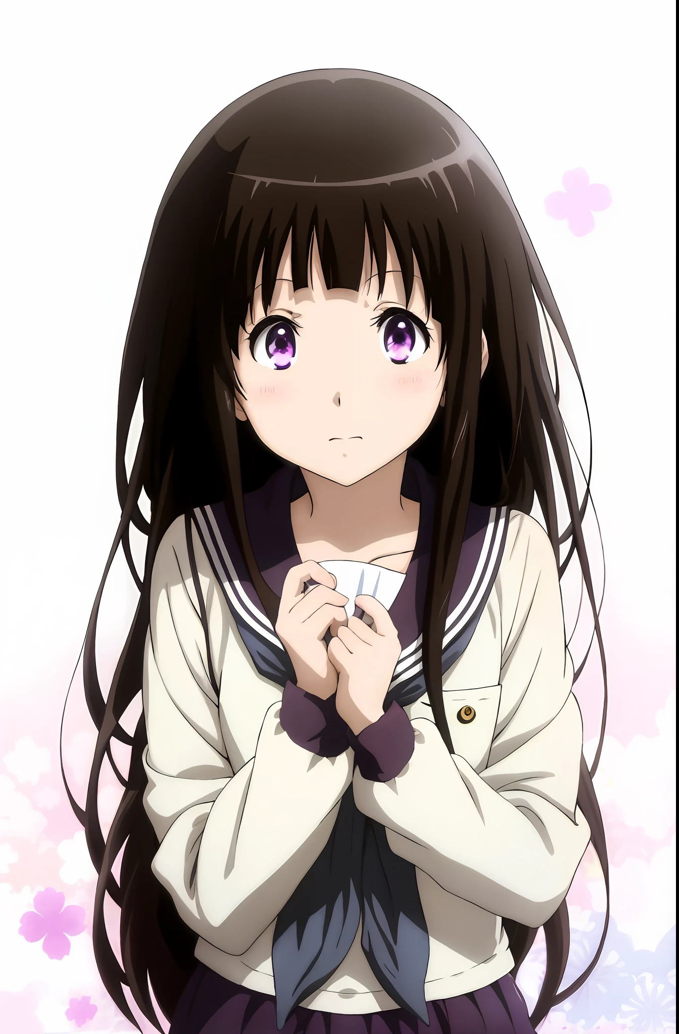 Hyouka Chitanda Anime girl with long black hair and purple eyes. cute anime girl, pretty anime girl, beautiful anime high school girl, extremely cute anime girl face, cute anime girl portraits, (anime girl), cute anime face, cute anime girl portrait, Long Hair Anime Girl, anime style 4 k, beautiful anime girl