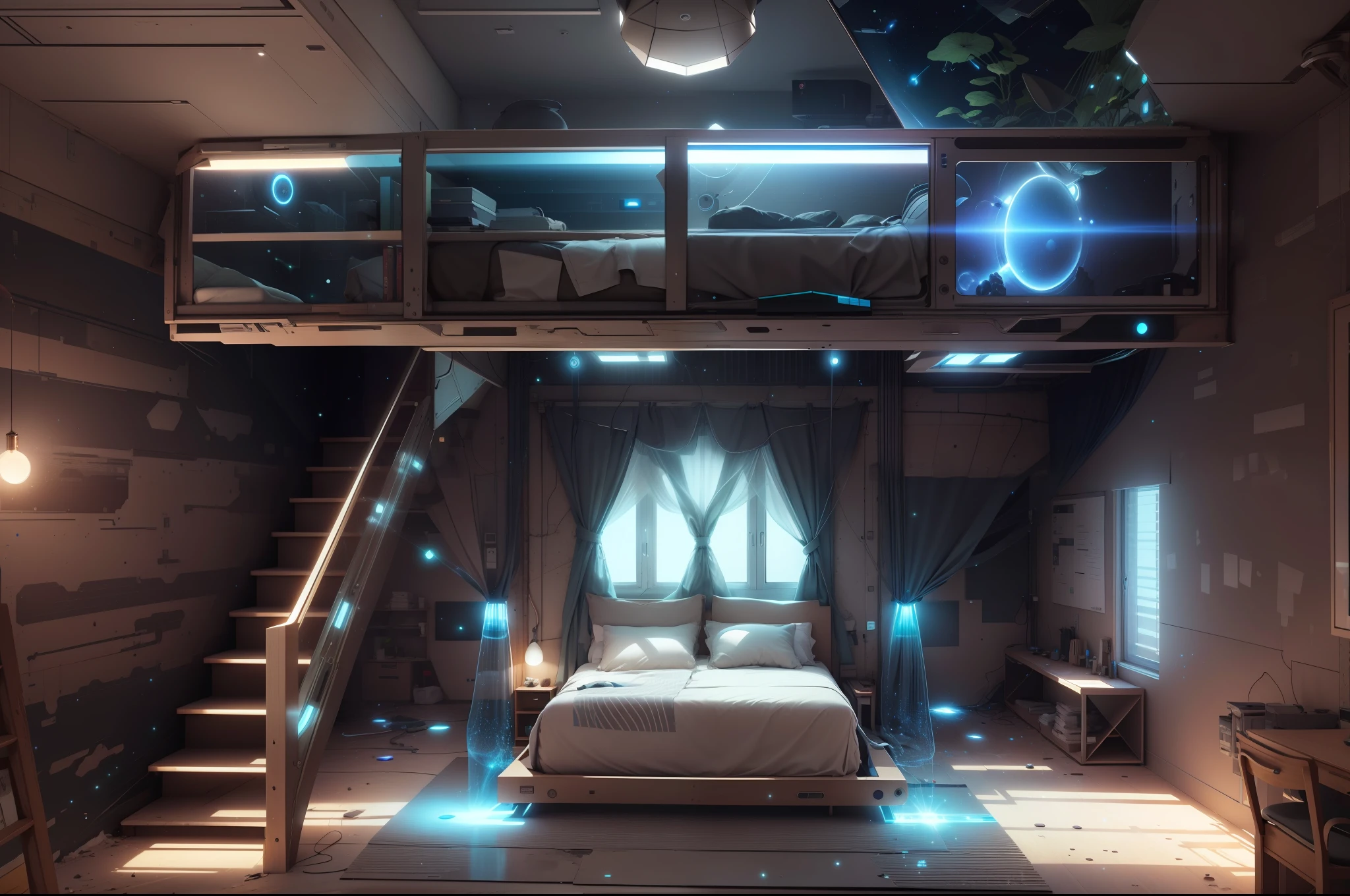 antitech,light particles,bedroom, scifi