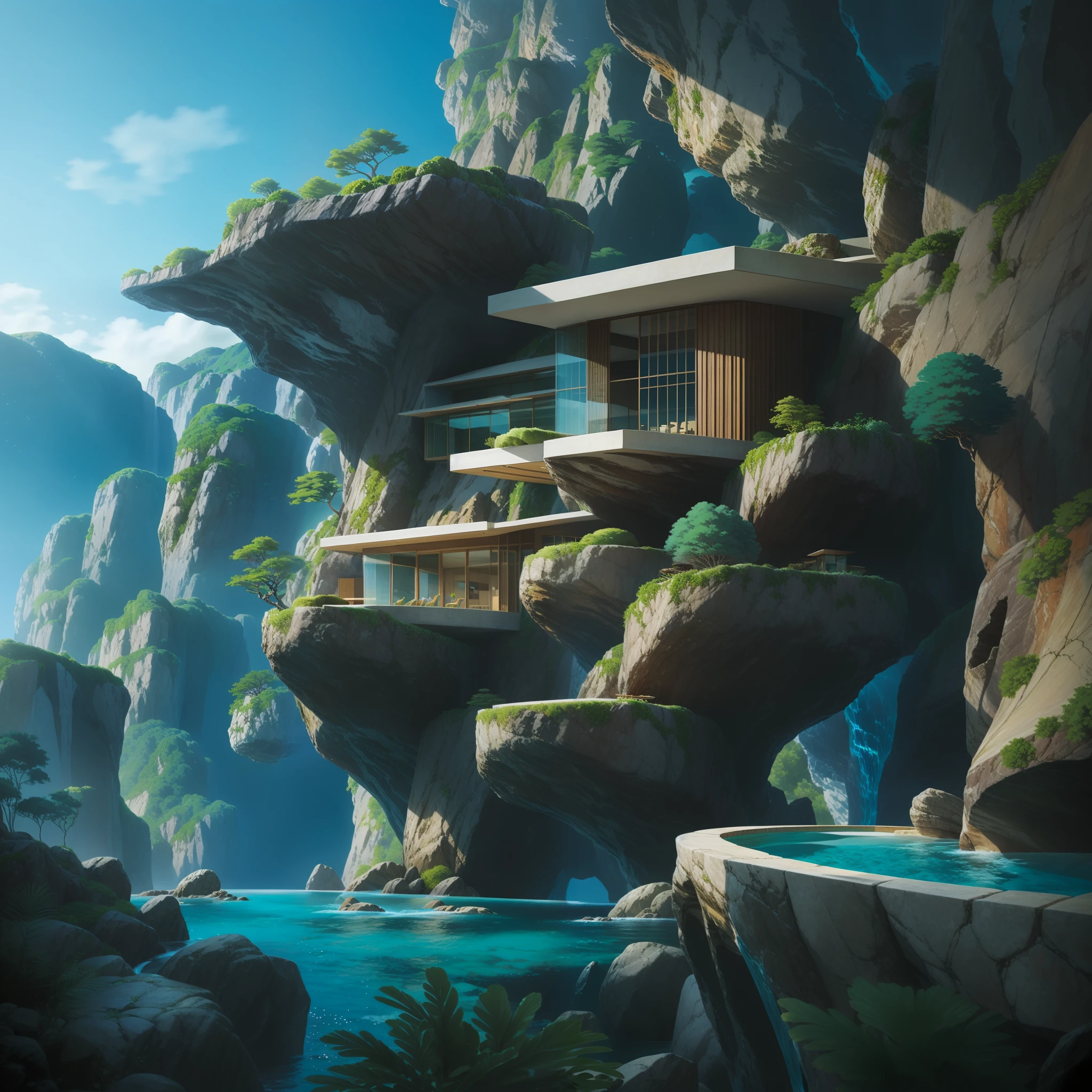 a modern futuristic design large cliff House's with a artificial waterfall and a pool in the middle, nature meets architecture, built around blue ocean, realistic beehive architecture, organic architecture, very close to real nature, breathtaking render, island with cave, stunning architecture, luxury architecture, realistic fantasy render, by Zha Shibiao, epic and stunning, architectural visualization, epic architecture, concept art. 8 k