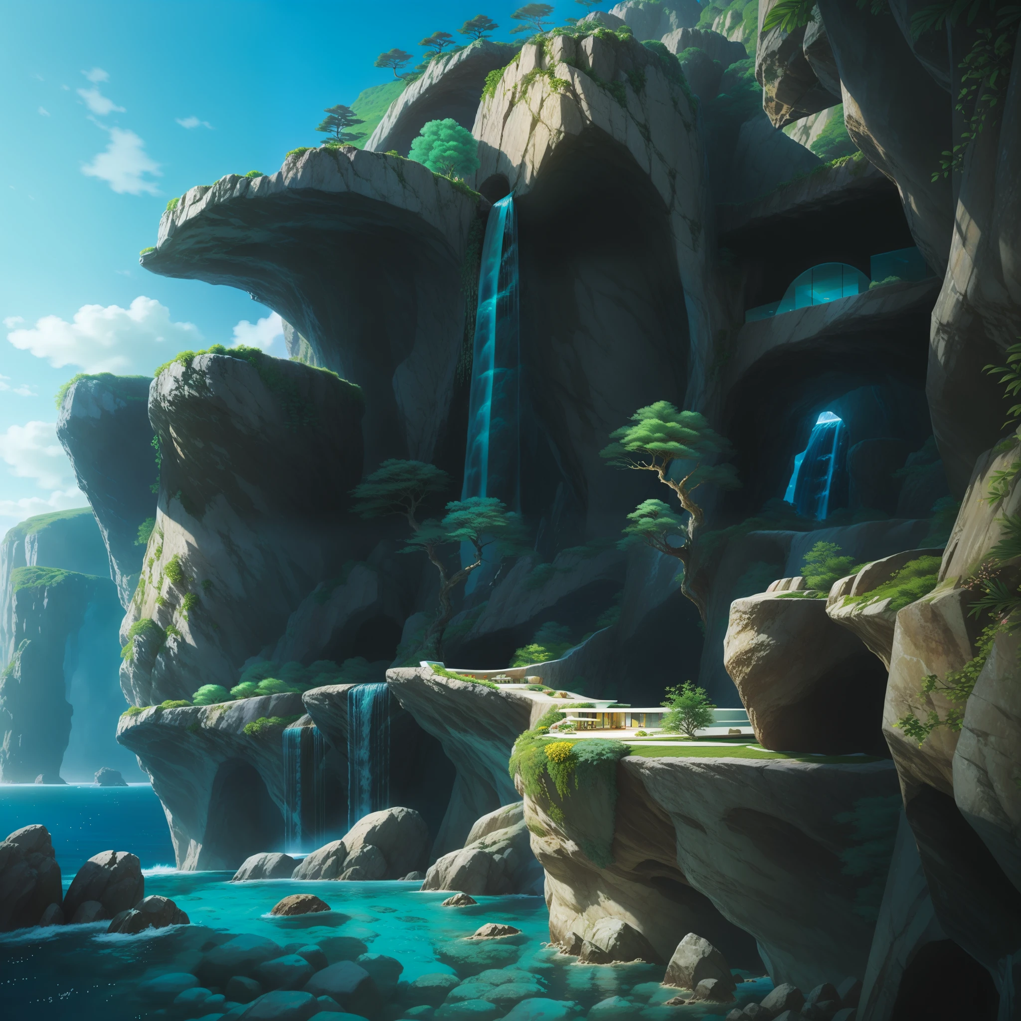 a modern futuristic design large cliff House's with a artificial waterfall and a pool in the middle, nature meets architecture, built around blue ocean, realistic beehive architecture, organic architecture, very close to real nature, breathtaking render, island with cave, stunning architecture, luxury architecture, realistic fantasy render, by Zha Shibiao, epic and stunning, architectural visualization, epic architecture, concept art. 8 k