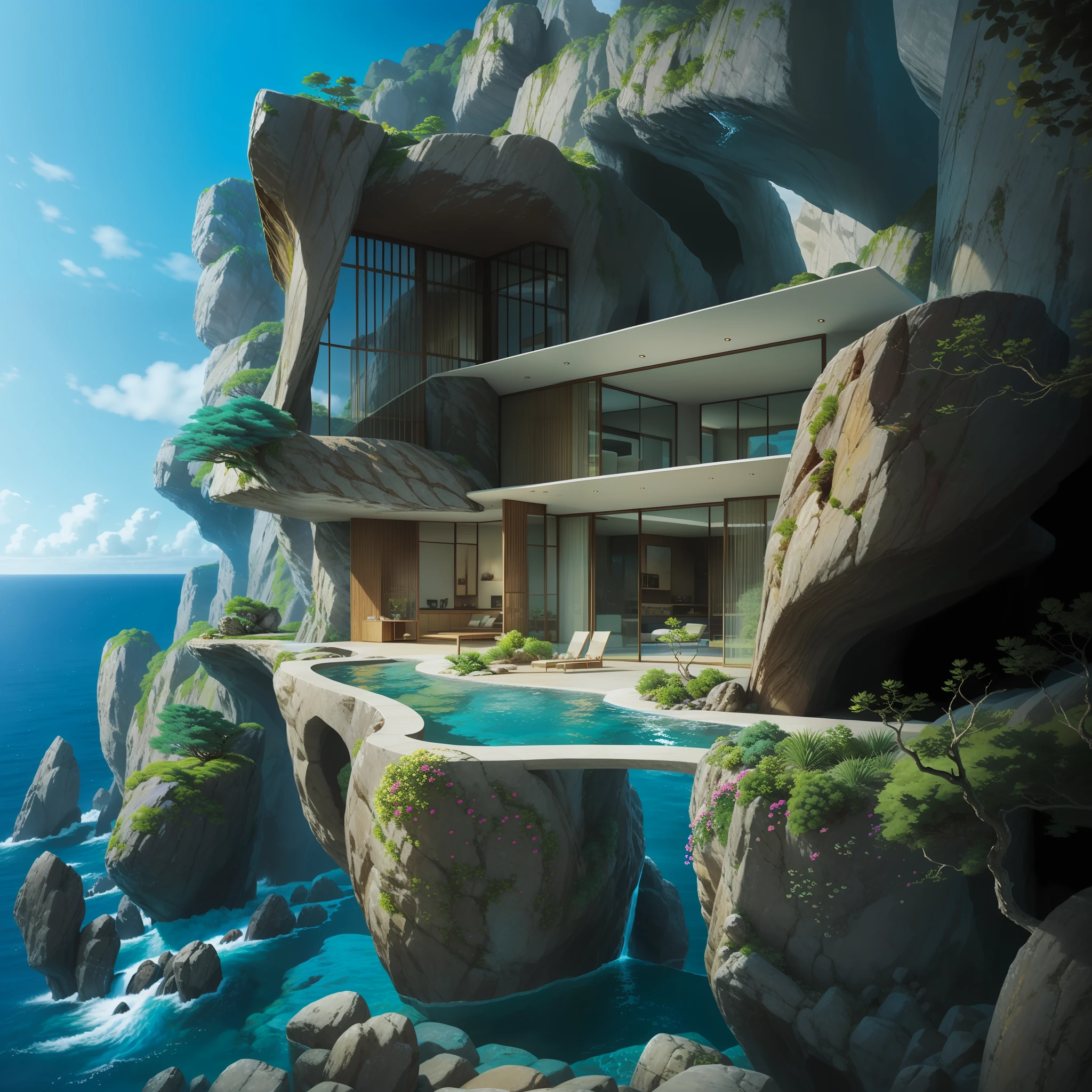 a modern futuristic design large cliff House's with a artificial waterfall and a pool in the middle, nature meets architecture, built around blue ocean, realistic beehive architecture, organic architecture, very close to real nature, breathtaking render, island with cave, stunning architecture, luxury architecture, realistic fantasy render, by Zha Shibiao, epic and stunning, architectural visualization, epic architecture, concept art. 8 k