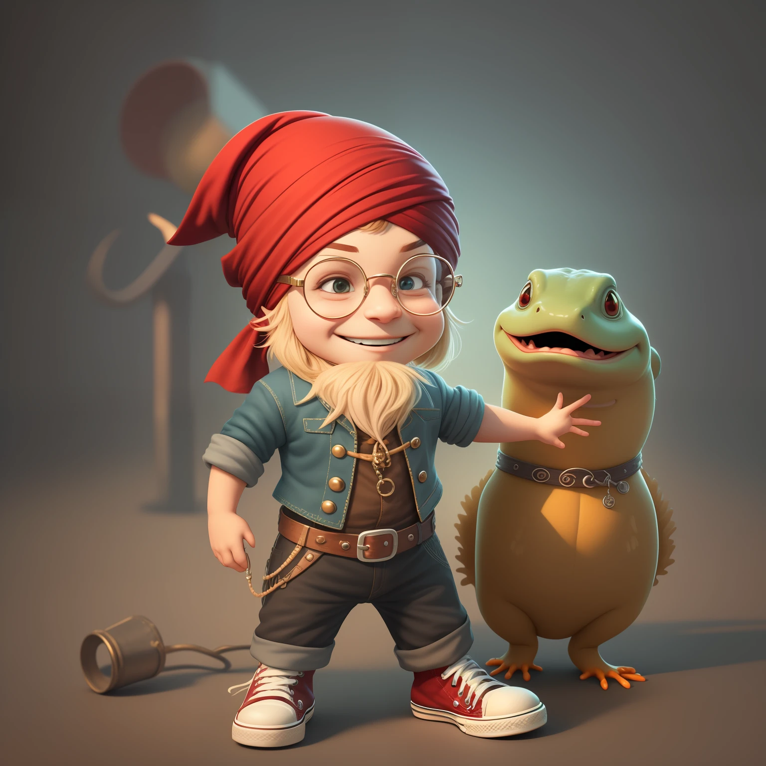 Cute and adorable anthropomorphic smiling pirate salamander smiling pirate wearing glasses and Chuck Taylor sneakers, Pirate hat and red turban, personagem de desenho animado 3d. hiper-realismo, renderizado, bela fotografia premiada, intrincada e insanamente detalhada. fundo escuro, iluminado por luz neon.