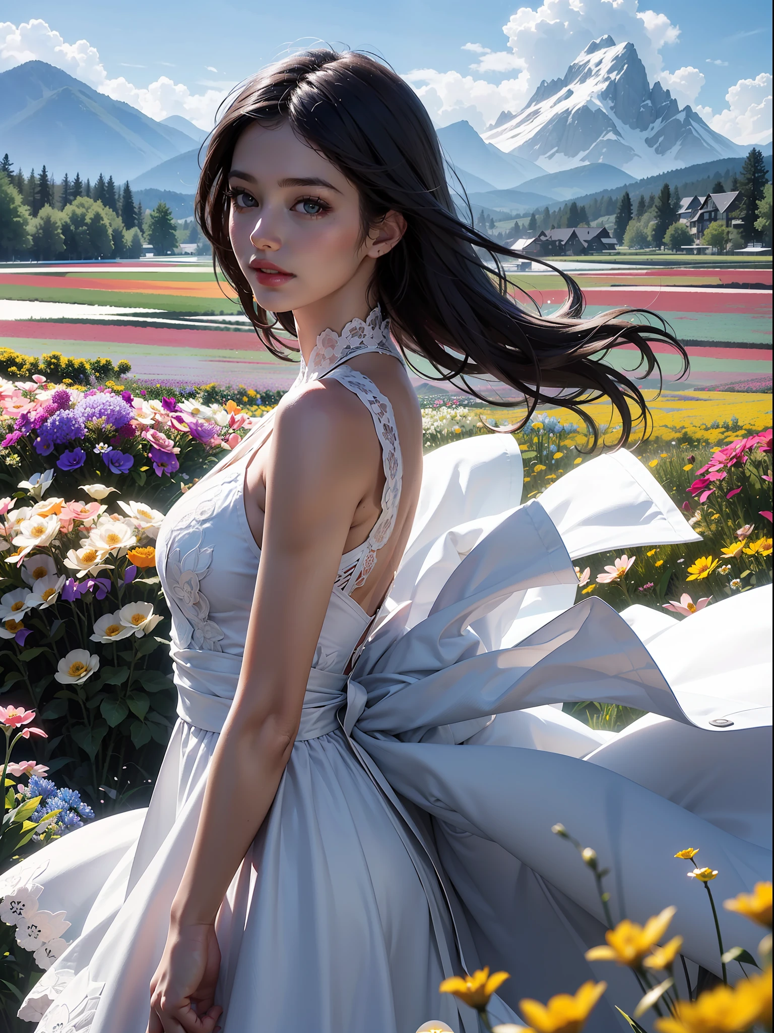 1girl, dynamic angle, cloud and mountain, (flower field:1.4) in the foreground, white dress, light tracing, (floating colorful wind:1)
(photorealistic:1.4), official art, unity 8k wallpaper, ultra detailed, beautiful and aesthetic, masterpiece,best quality, glowing skin, cinematic lighting, light smile