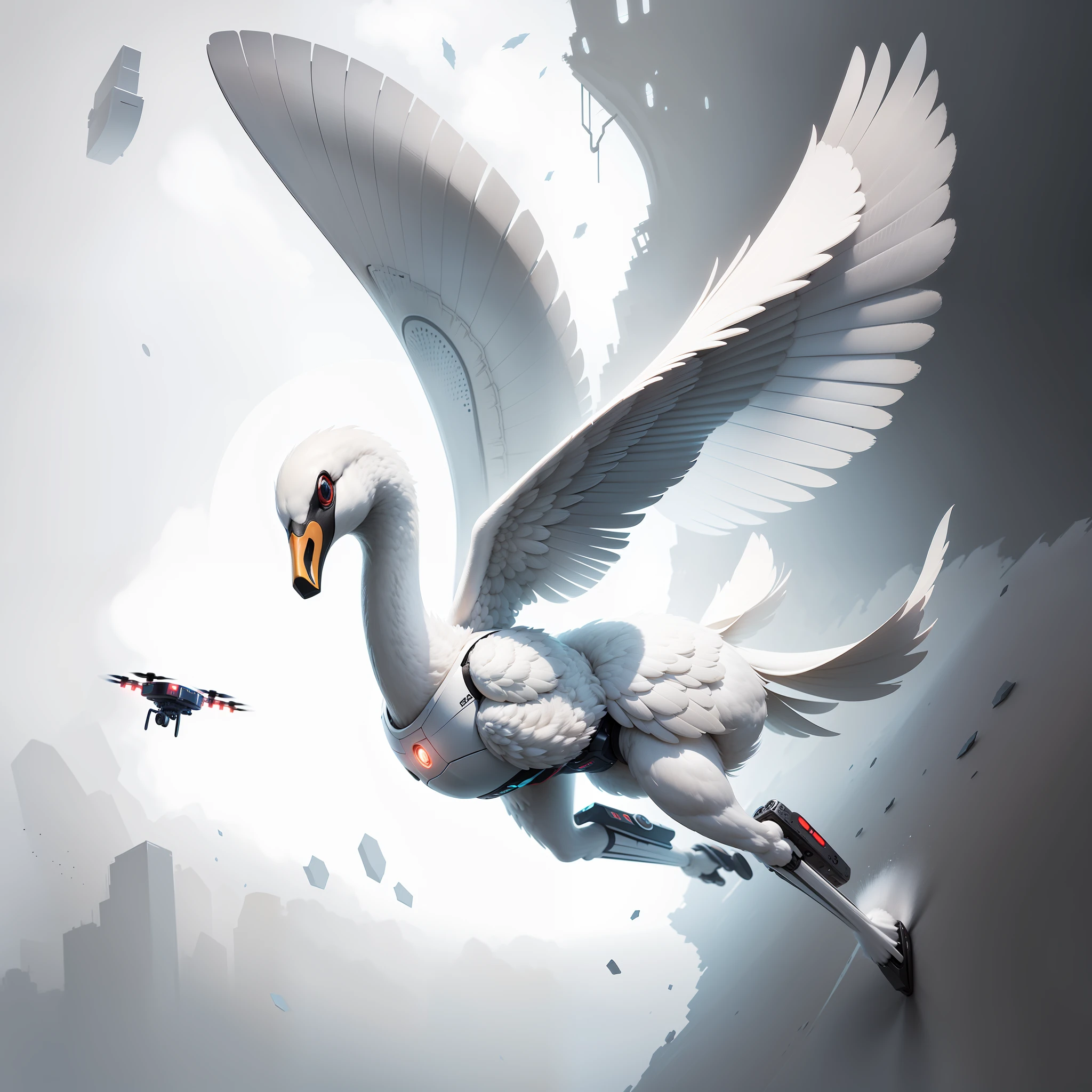 The Nano-Swan Drone is a marvel of advanced technology, combining the grace of a swan with the precision of nanotechnology. It is a small, sleek drone with a streamlined body resembling the elegant form of a swan in flight. The drone is constructed from lightweight, metallic materials, allowing for swift and agile movements.
Its wings, crafted with intricate detail, are made of ultra-thin yet durable nano-fibers. These wings possess the ability to morph and reshape, adapting to the drone's immediate needs. They can expand to catch air currents for gliding or fold tightly against its body for rapid, agile maneuvers.
The Nano-Swan Drone's head features a streamlined design with a pair of large, piercing sensor eyes that glow with a soft, cyan light. These sensors provide advanced visual capabilities, allowing the drone to scan its surroundings and track targets with remarkable precision.
Strategically positioned on the drone's body are a series of micro-thrusters that emit a faint blue propulsion glow. These thrusters provide the necessary propulsion for the drone to navigate through various environments, whether it be open skies, narrow corridors, or complex obstacles.
Mounted beneath the drone's body are a set of retractable nano-talons, sharp and agile enough to grasp objects with delicate precision or defend against threats when necessary. These talons are capable of extending and retracting swiftly, allowing the Nano-Swan Drone to adapt to different situations on the fly.
Overall, the Nano-Swan Drone exemplifies the seamless fusion of nature-inspired design and advanced technology. Its elegant appearance, coupled with its exceptional maneuverability and versatile capabilities, make it an impressive and eye-catching subject. --auto