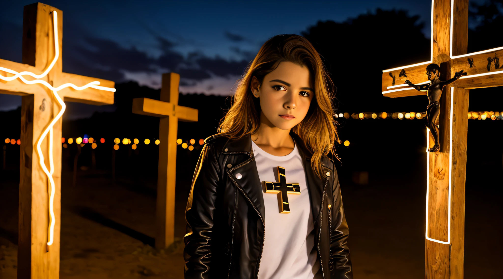 MENINA LOIRA 10 ANOS, jaqueta de couro preta, cabelos LOIROS muito longos, , uma cruz , retrato, foto de zoom detalhada, Crucifixo, Cruzes, cruz, neon cross.