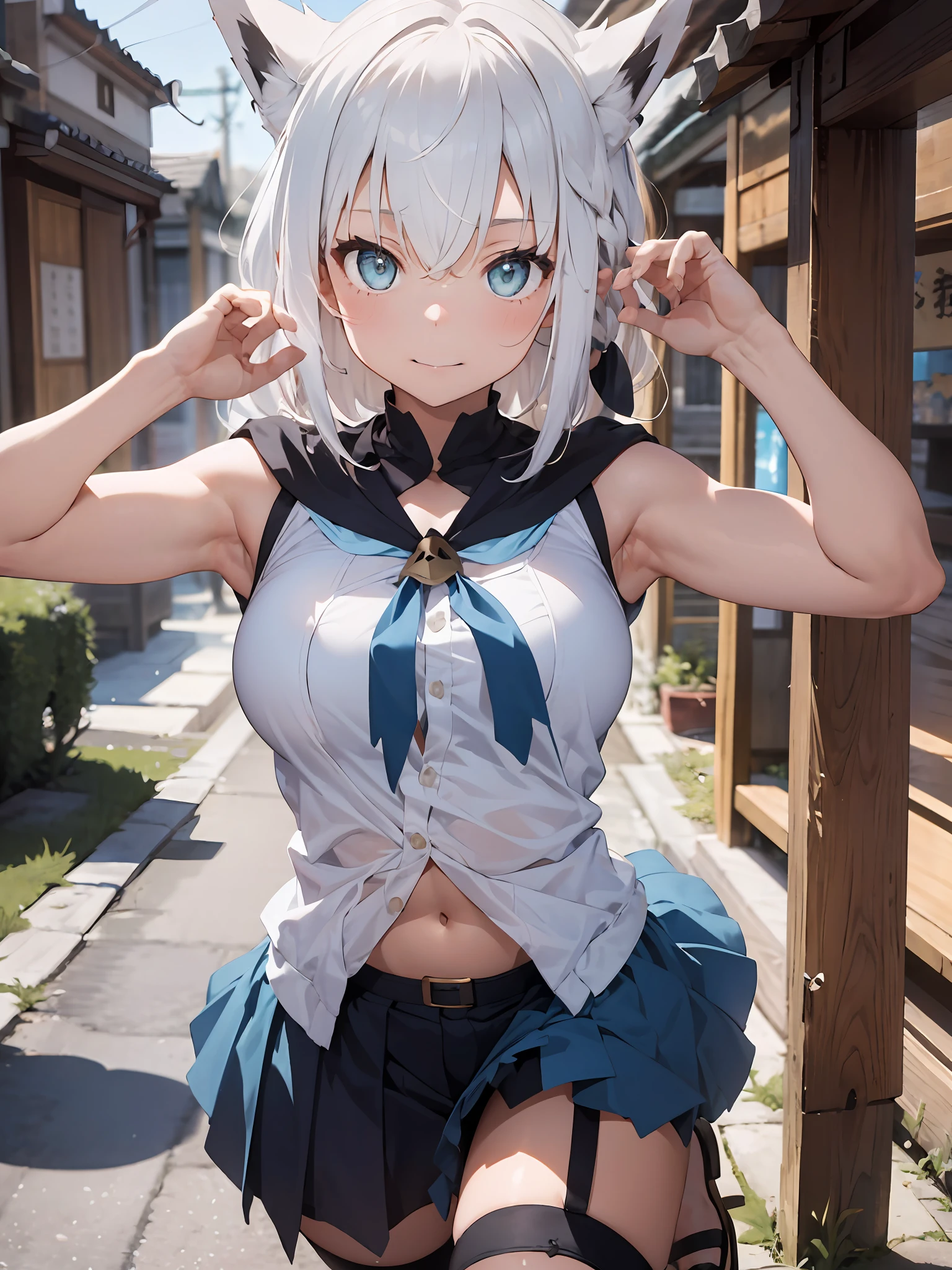 1girl, (solo:1.2), ((masterpiece)), (shadow), [slim], (big breasts), ((sharp focus)), pale skin, ((detailed eyes)), (blurry background), (dynamic angle), dynamic pose, Shirakami Fubuki (genshin impact), white hair, armpits, big sword, blue skirts, short hair, sandals, navel