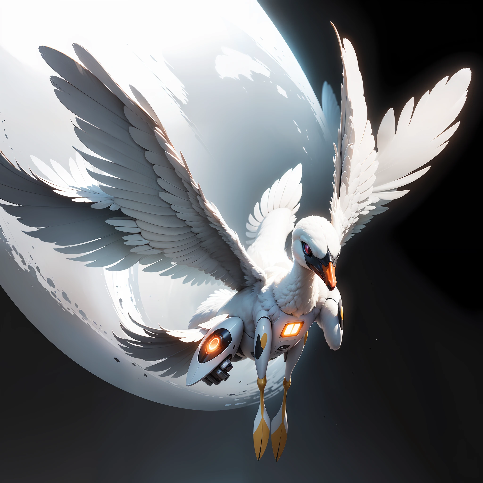 The Nano-Swan Drone is a marvel of advanced technology, combining the grace of a swan with the precision of nanotechnology. It is a small, sleek drone with a streamlined body resembling the elegant form of a swan in flight. The drone is constructed from lightweight, metallic materials, allowing for swift and agile movements.

Its wings, crafted with intricate detail, are made of ultra-thin yet durable nano-fibers. These wings possess the ability to morph and reshape, adapting to the drone's immediate needs. They can expand to catch air currents for gliding or fold tightly against its body for rapid, agile maneuvers.

The Nano-Swan Drone's head features a streamlined design with a pair of large, piercing sensor eyes that glow with a soft, cyan light. These sensors provide advanced visual capabilities, allowing the drone to scan its surroundings and track targets with remarkable precision.

Strategically positioned on the drone's body are a series of micro-thrusters that emit a faint blue propulsion glow. These thrusters provide the necessary propulsion for the drone to navigate through various environments, whether it be open skies, narrow corridors, or complex obstacles.

Mounted beneath the drone's body are a set of retractable nano-talons, sharp and agile enough to grasp objects with delicate precision or defend against threats when necessary. These talons are capable of extending and retracting swiftly, allowing the Nano-Swan Drone to adapt to different situations on the fly.

Overall, the Nano-Swan Drone exemplifies the seamless fusion of nature-inspired design and advanced technology. Its elegant appearance, coupled with its exceptional maneuverability and versatile capabilities, make it an impressive and eye-catching subject. --auto