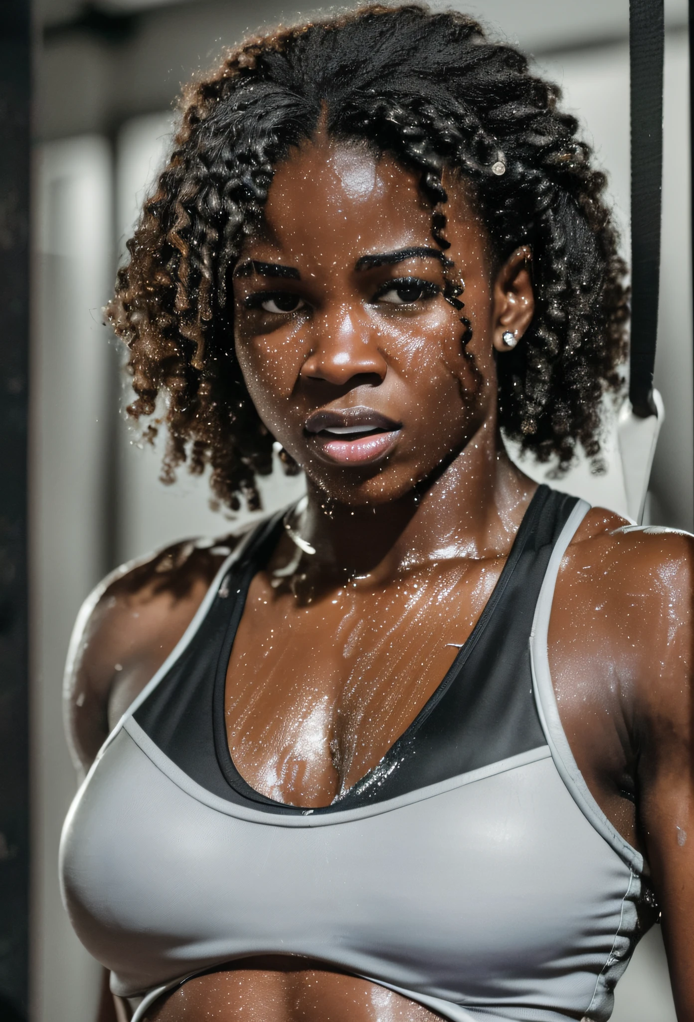 (RAW, award-winning glamor photography, ((best quality)), ((masterpiece)), ((realistic)) portrait of a 25-year-old single black woman at the wrestling gym((high definition))sweating dripping and visible in high definition, he is training punches, very angry, the shadows are visible. the whole gym is dark and only one light is on in high definition