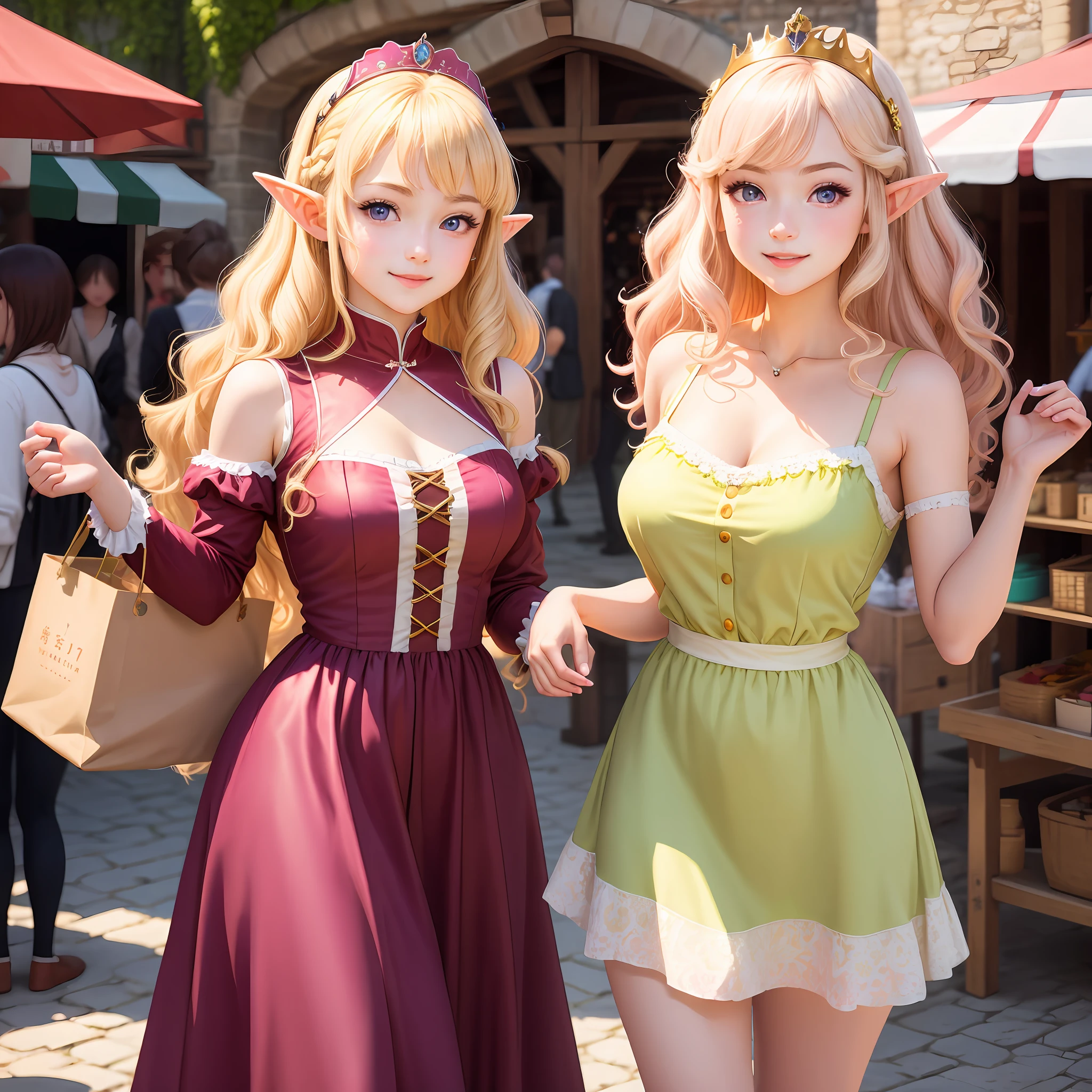 （Best Quority，a masterpiece of，Artistically）A teenage girl in a pink dress，Light blonde long curly hair，Large wavy curls，By bangs。Pink eyes。Elf ears。animemanga girl，Realistic style，CG。ssmile。Rococo dress。A bazaar in a medieval retro town。sun beam，Sunny weather。Cute tiara。