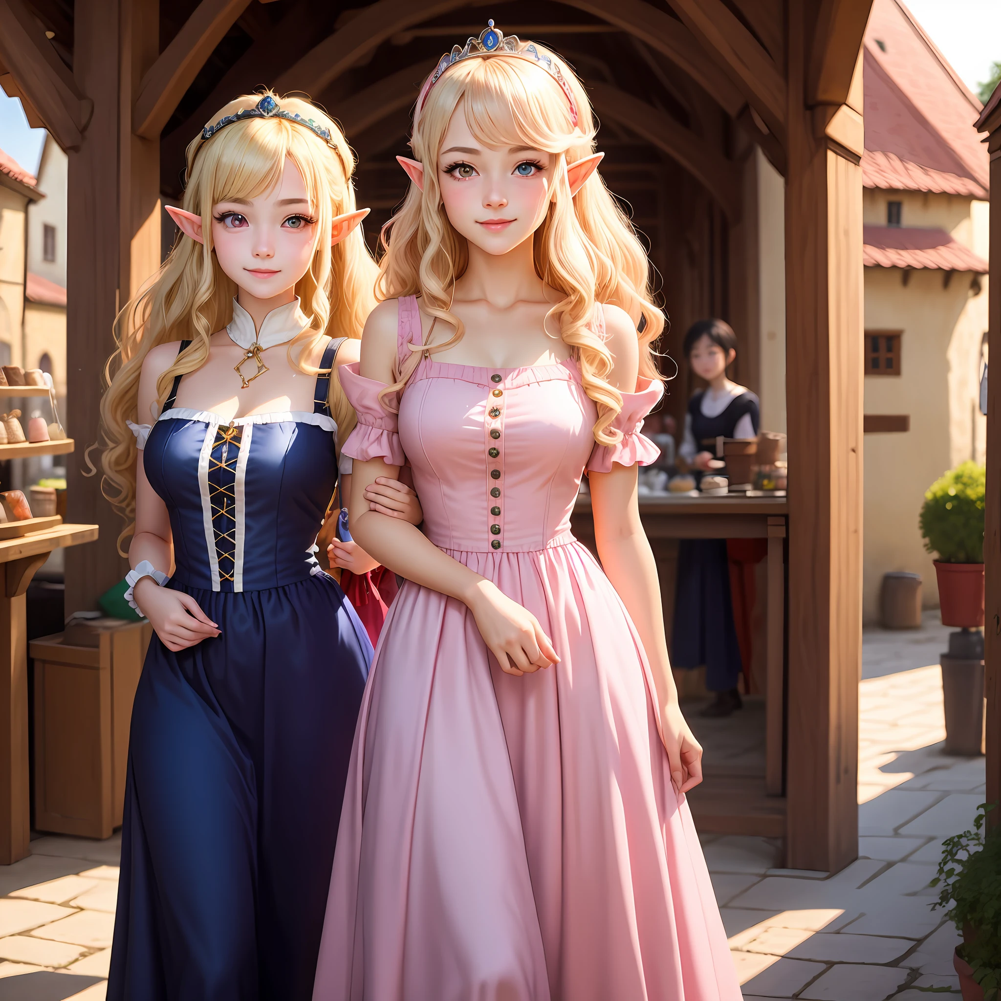 (Best Quority,a masterpiece of,Artistically)A teenage girl in a pink dress,Light blonde long curly hair,Large wavy curls,By bangs。Pink eyes。Elf ears。animemanga girl,Realistic style,CG。ssmile。Rococo dress。A bazaar in a medieval retro town。sun beam,Sunny weather。Cute tiara。