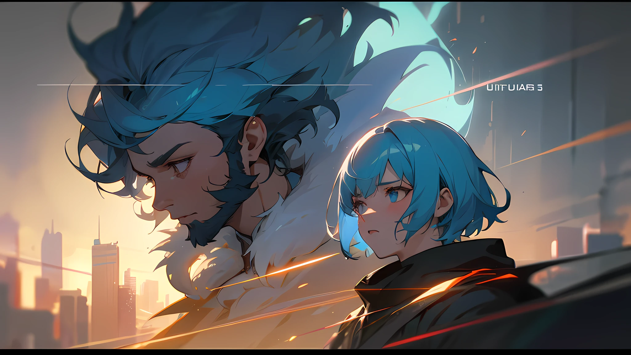 cinematic portrait of a beautiful woman with short curly hair and a man, Movie poster style, for a anime cyberpunk film, characters include a man with beard and dark hair, A woman with light blue hair, set 400 years in the future, big city, ultra detali, Anime, in the style of Edgrunner, bladerunner, genshinimpact, uhdr, ultra textured, Cinematic, Atmospheric, illusory engine, Photorealistic, Ultra photo realsisim, volumettic light, Cinematic, magical, atmosphere, photograph realistic, unreal engine 32K