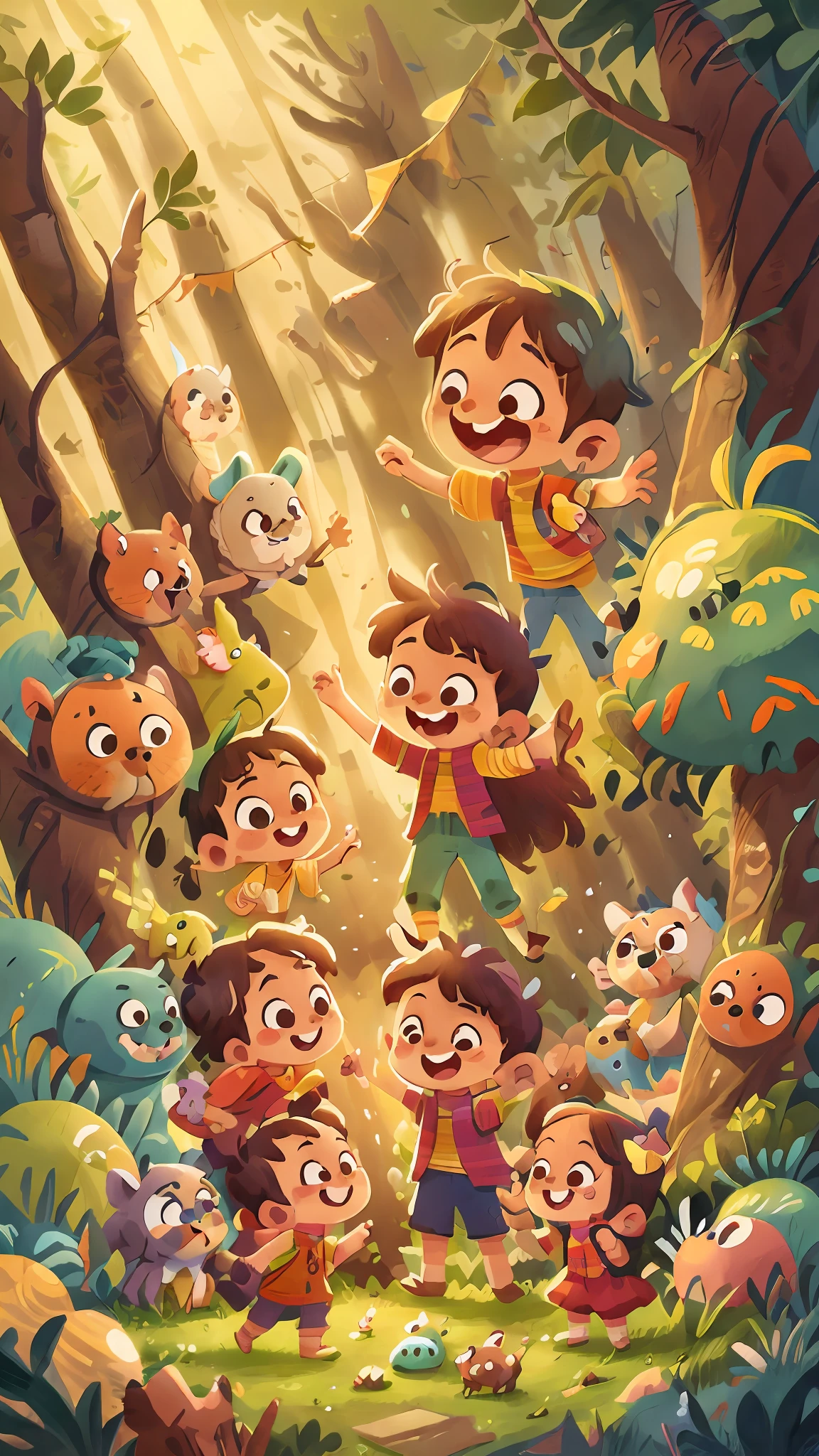 children and animals in the forest animal party, children dancing smiling. children's drawing