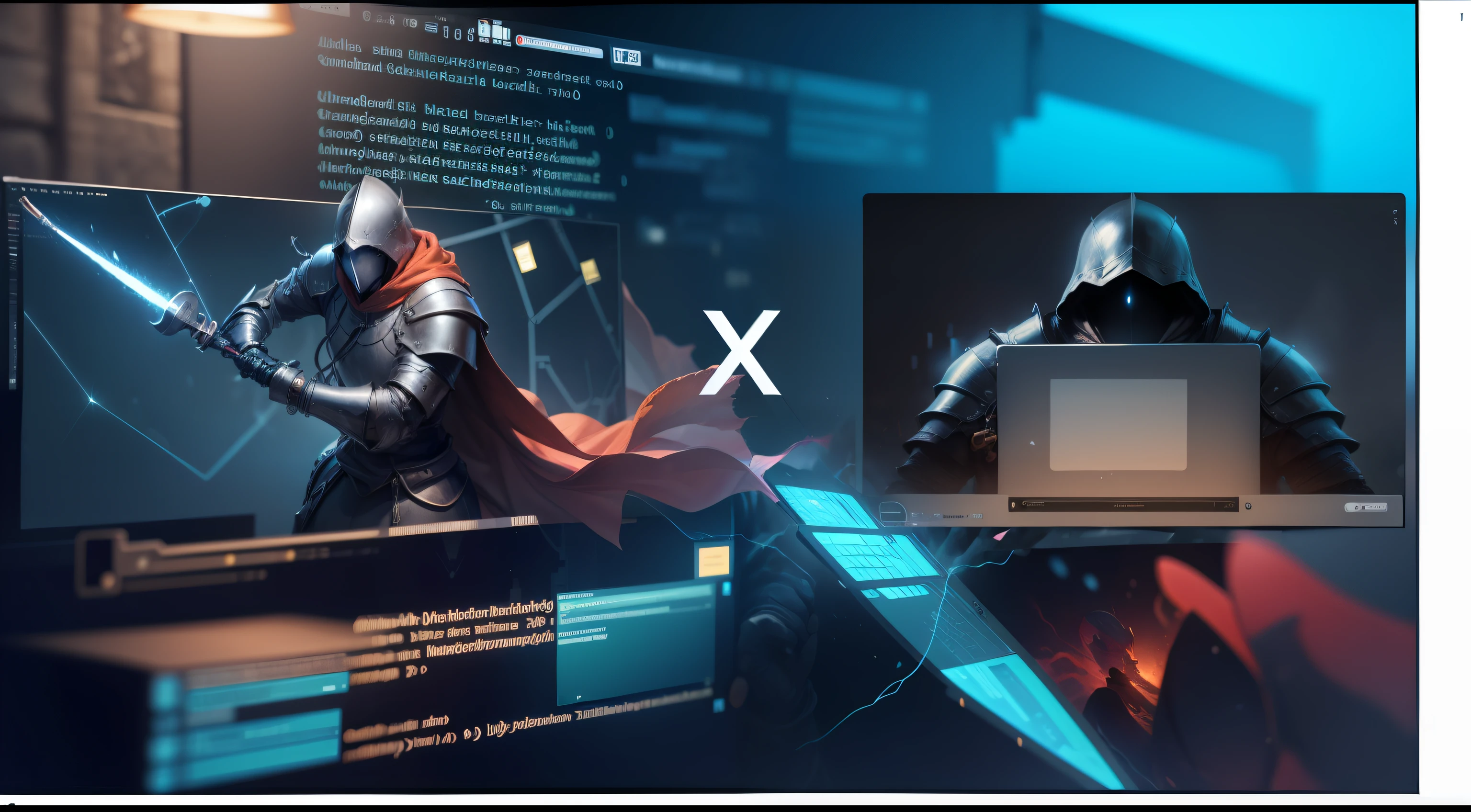 Create an image of a hacker against a medieval knight with a background with programming code. Coloque o X centralizado --auto