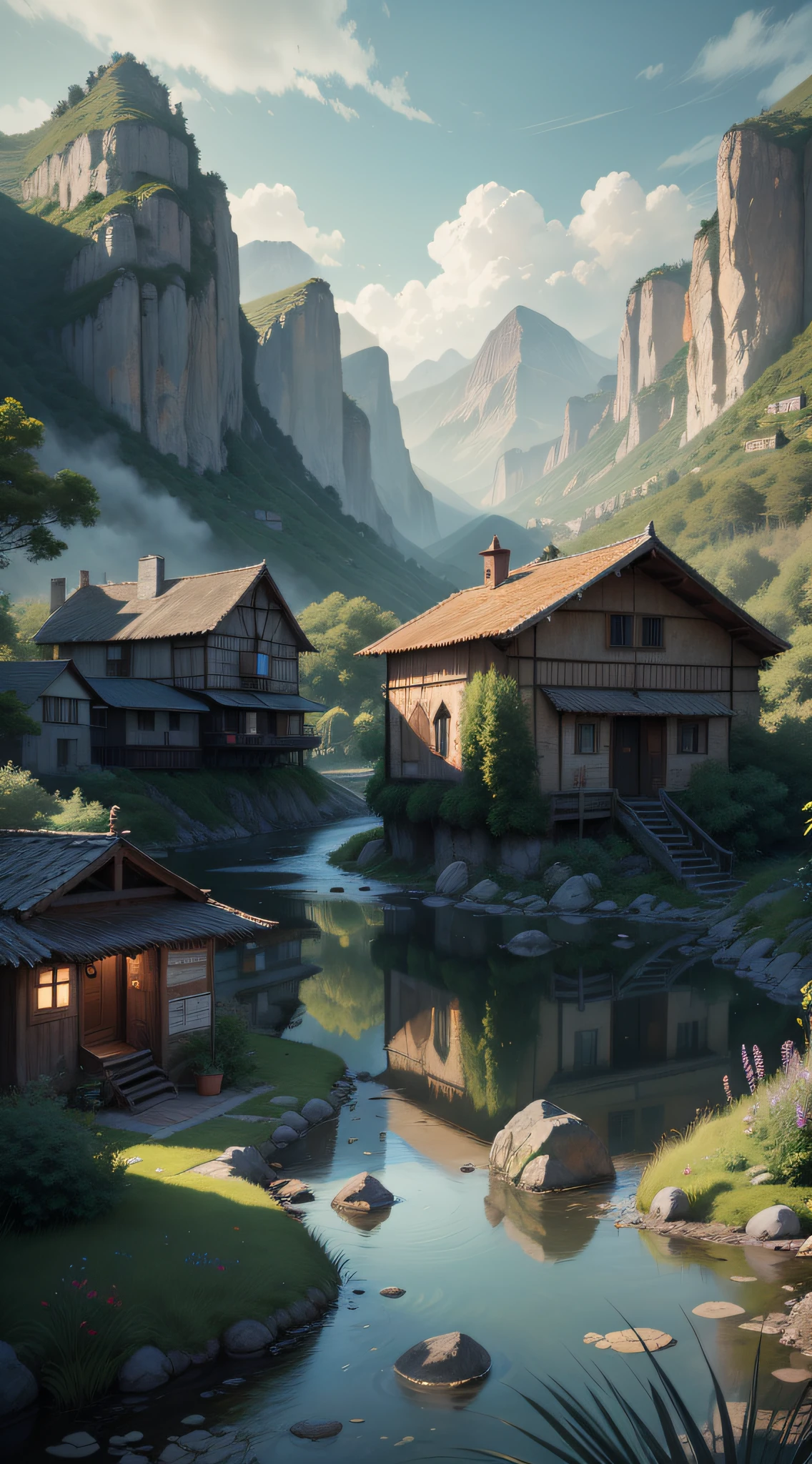 uma obra prima, alta qualidade, reflexos de alta qualidade, a setting of a village among mountains, com um rio passando pela vila, Scenery with realistic lighting, vila simples, beautiful scenery, alta qualidade