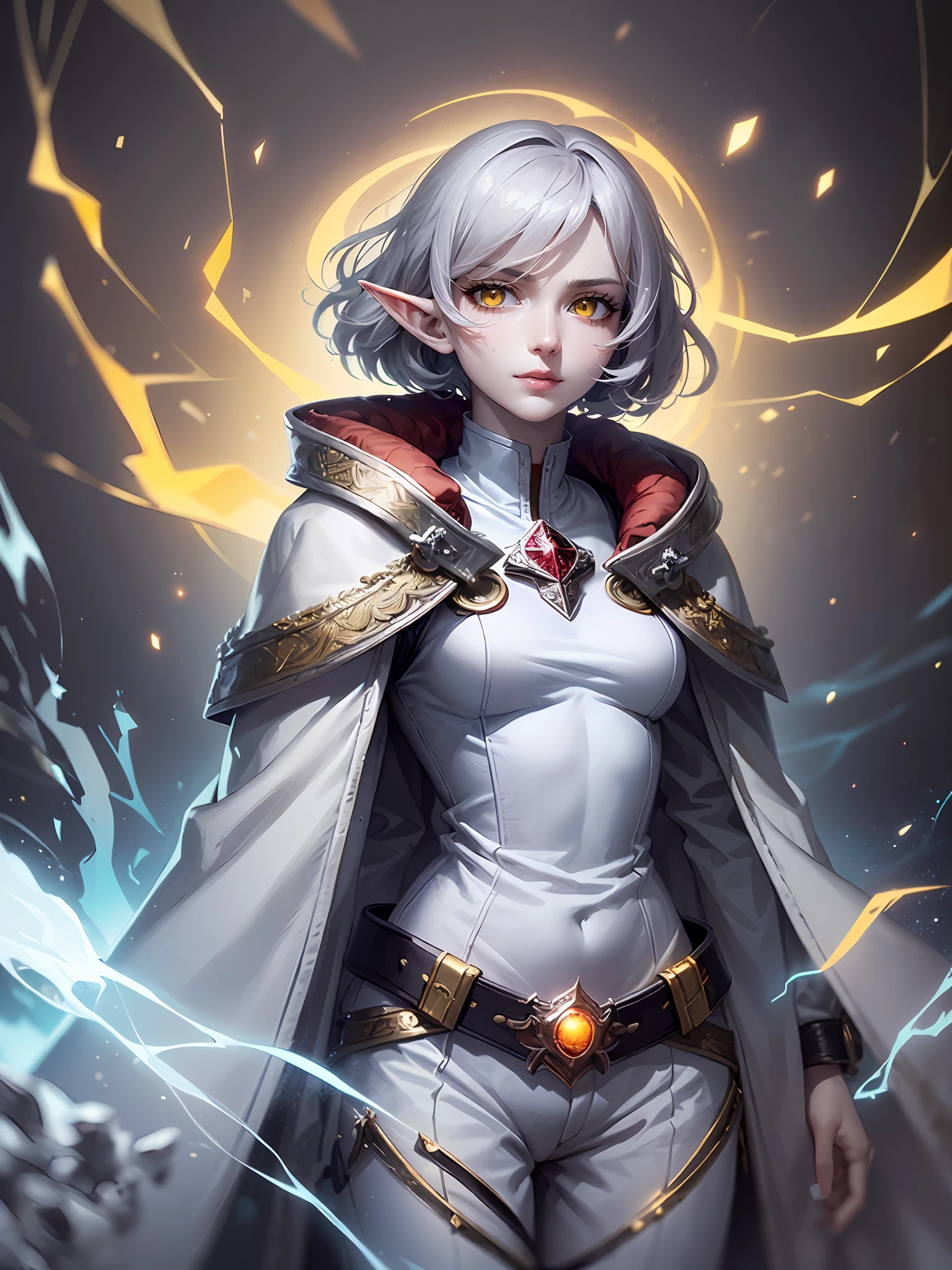 (1girl, solo:1.3),Digital Ilustration, Anime style, Woman, ((elf)), 1girl, beautiful, (tired, sad):1.4),(grey hair, bob cut, ((fine facial features)),),(white outfit, red outfit accents, assasin-style outfit, military coat, pants, boots),(glowing yellow eyes:1.2),elemental mage engulfed in blue flames and yellow lightning, chromatic chaos, gold and ice tones, depth of field, beautiful, highly detailed, hyperrealistic, cinematic lighting, clear, space background, cinematic lighting soft, (backlight: 1.2), (flowering: 1.2), (bright light: 1.1), (chromatic aberration: 1.2), sharp focus, high contrast ,masterpiece, photorealistic, (portrait:1.3)