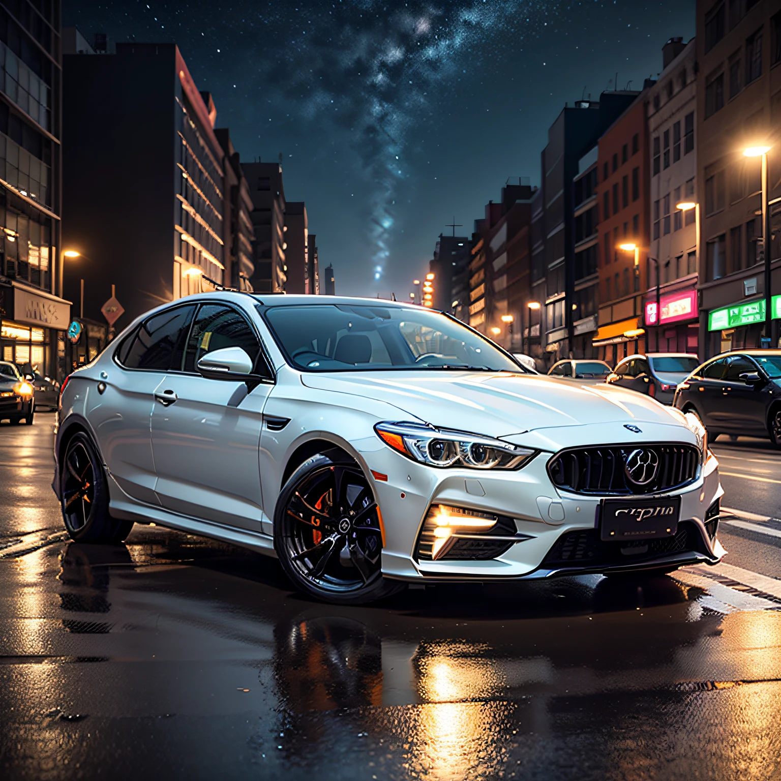 (extremely detailed CG unity 8k wallpaper, masterpiece, best quality, ultra-detailed), best illumination, beautiful reflection on the car,night street lights, the wind is blowing in the road indicating speed, depth of field, glossy surface, white car, luxurious, sporty, speed, modern, high-end, dynamic angle, Volumetric light --auto