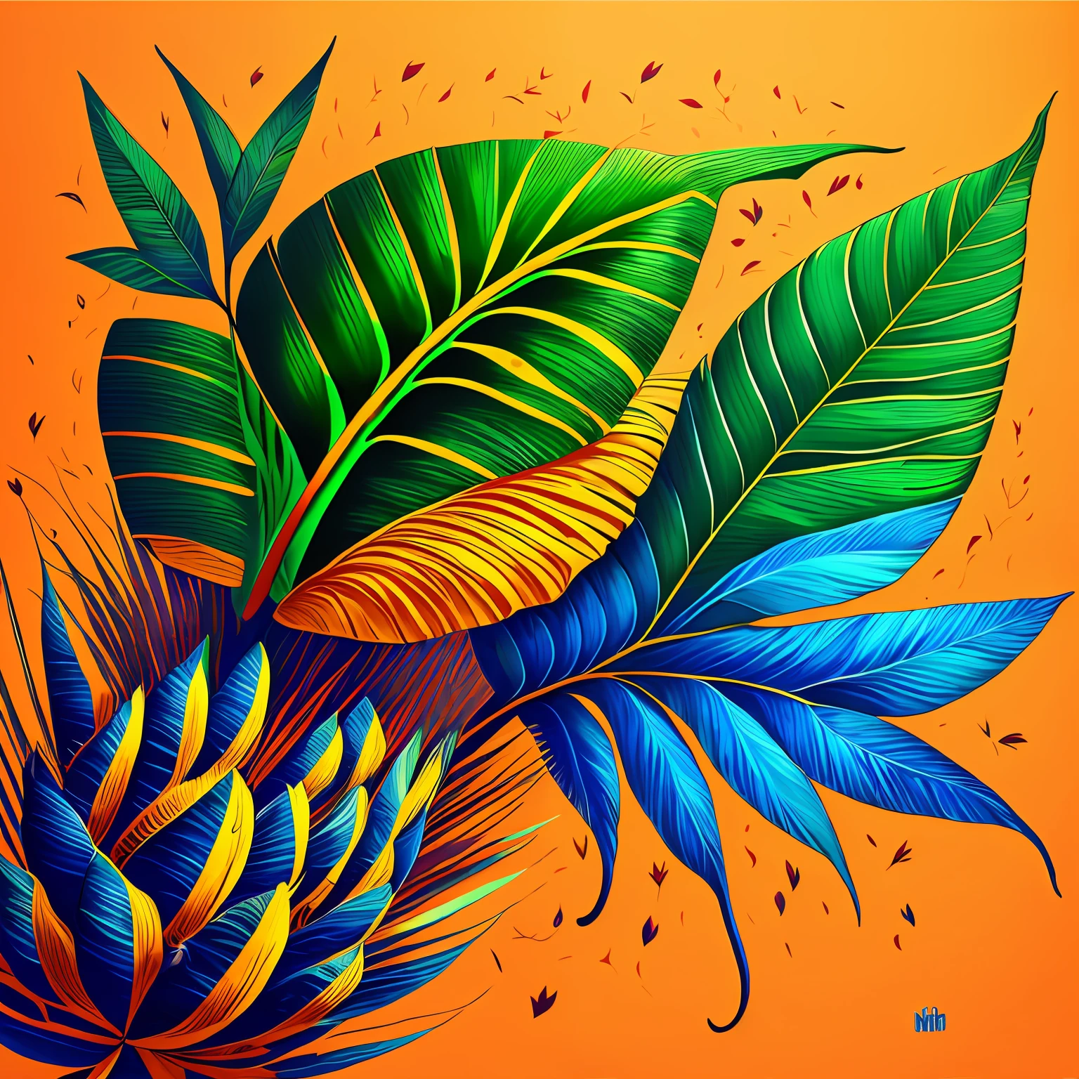Tropical plants(Plant orange,Yellow-red,green colors,em cor azul escuro),There are coconut leaves(Tropical plants flowing),naturey,rich colour,Hand drawing illustration,16k,super detailing,High Details,ccurate --aut --auto