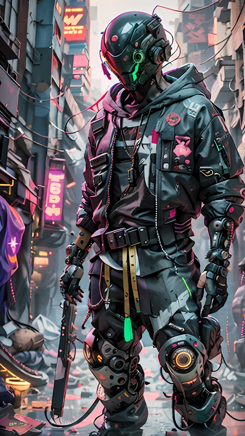 masterpiece, realistic dslr photo de vaquero mecha, con un traje negro y verde con una mochila, Cyberpunk asymetric Streetwear, Traje oversized cyberpunk, cyberpunk street goon, Uso cyberpunk, Techwear cyberpunk, Estilo cyberpunk silenciado, Lleva ropa de calle futurista estilo cyberpunk, Soldado cyberpunk del futuro, mercenario futurista, ambiente callejero, peligroso, ghetto, Estilo cyberpunk hiperrealista, japones, ronin, Toda la ropa negra holgada, capucha del hoodie sobre el cibercasco, crow in cyber armour, brazos mecanicos, brazos roboticos, cyborg, cibercasco HUD, tecnologia avanzada, alta tecnologia. futurista, imponente, agresivo, ropa desgastada, intimidante, musculoso, octane render, 4k, maya, substance, iluminacion cinematica, sci-fi scene, mejor calidad, hdr, autofocus, toma nitida, luz del atardecer, misterioso mercenario cyborg del futuro cyberpunk, dramatico, intrincado, no hay humanos, robotic, cyborg, mercenario, cibercasco, chupas!,