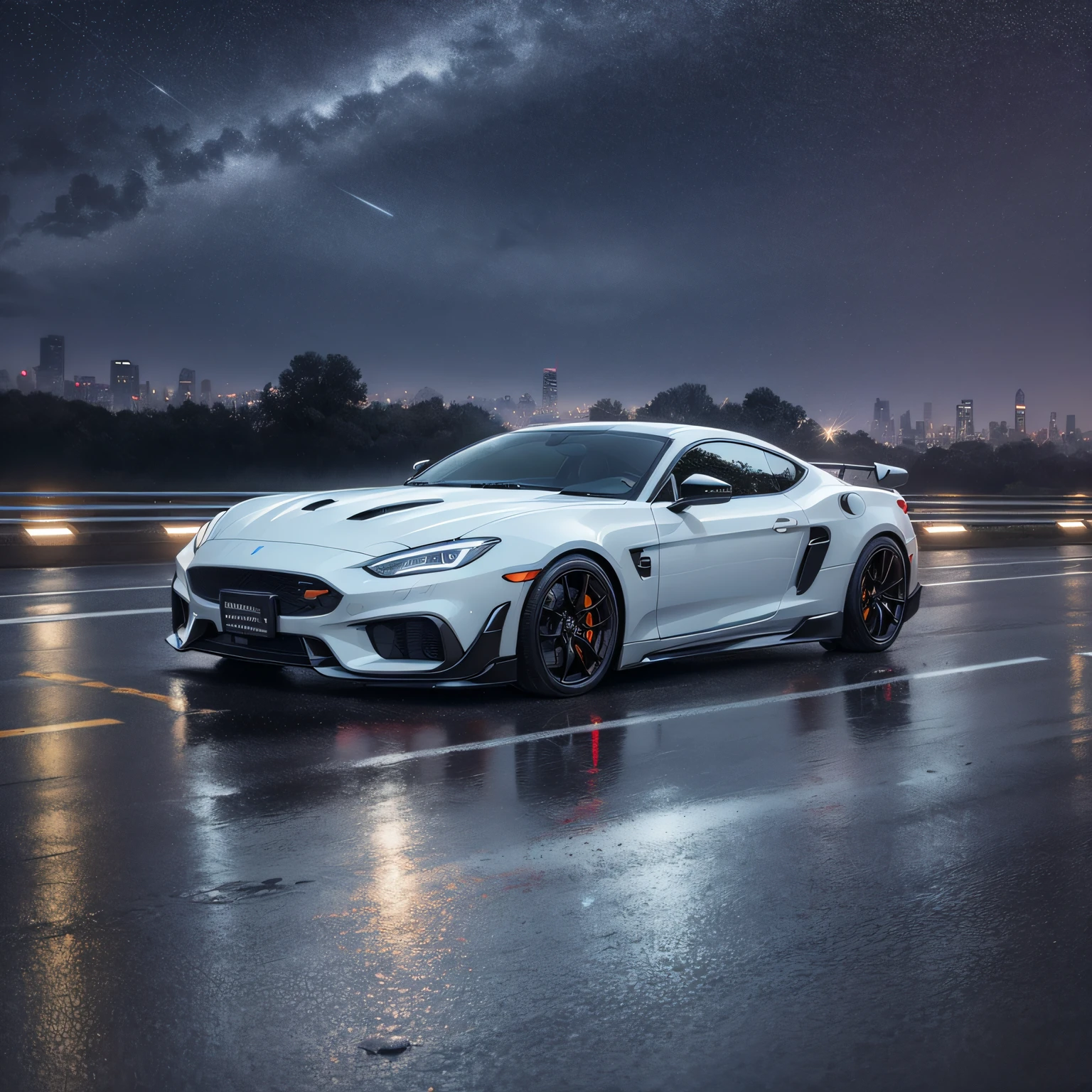 (extremely detailed CG unity 8k wallpaper, masterpiece, best quality, ultra-detailed), best illumination, beautiful reflection on the car,night street lights, the wind is blowing in the road indicating speed, depth of field, glossy surface, white car, luxurious, sporty, speed, modern, high-end, dynamic angle, Volumetric light --auto