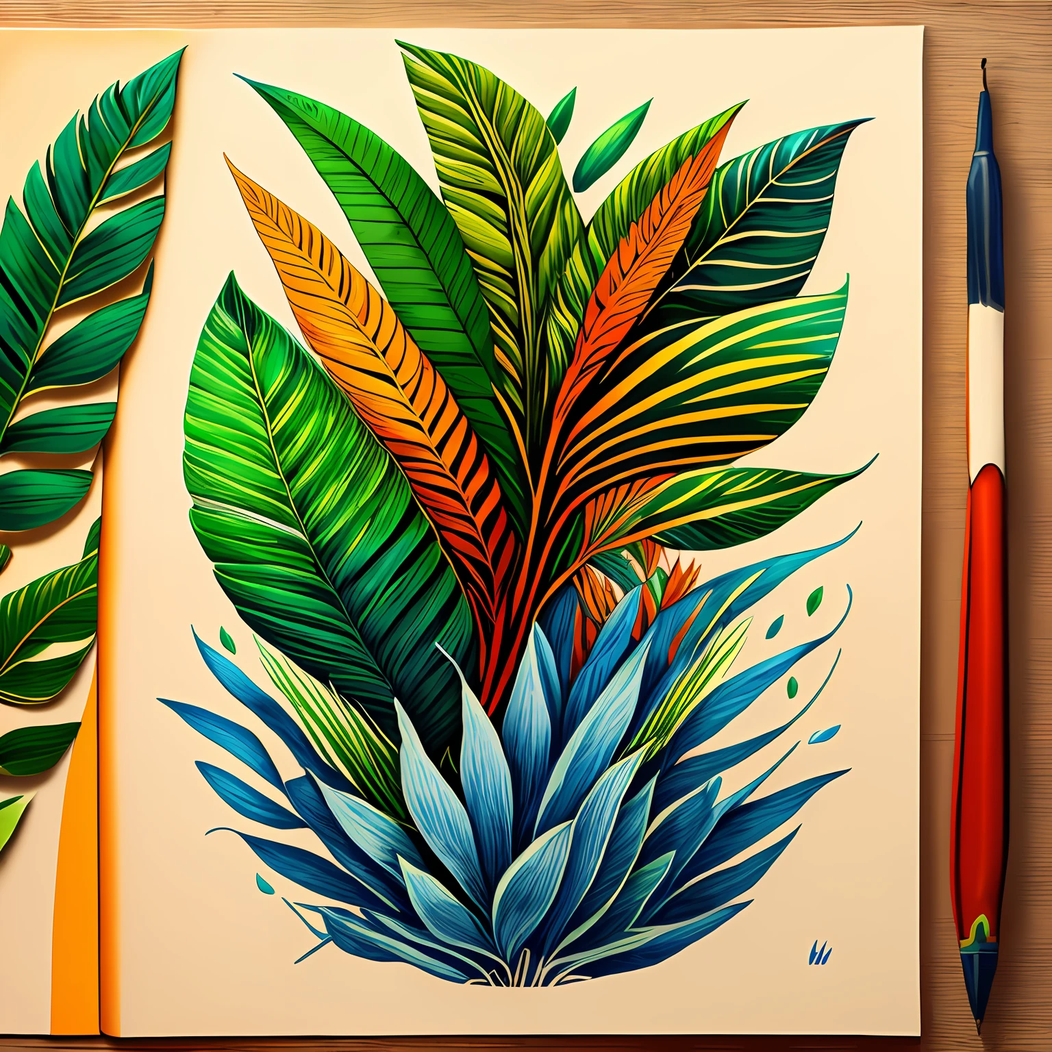 Tropical plants(Plant orange,Yellow-red,green colors,em cor azul escuro),There are coconut leaves(Tropical plants flowing),naturey,rich colour,Hand drawing illustration,16k,super detailing,High Details,ccurate --aut --auto