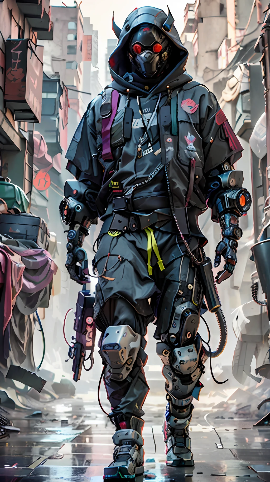 masterpiece, realistic dslr photo de vaquero mecha, con un traje negro y verde con una mochila, Cyberpunk asymetric Streetwear, Traje oversized cyberpunk, cyberpunk street goon, Uso cyberpunk, Techwear cyberpunk, Estilo cyberpunk silenciado, Lleva ropa de calle futurista estilo cyberpunk, Soldado cyberpunk del futuro, mercenario futurista, ambiente callejero, peligroso, ghetto, Estilo cyberpunk hiperrealista, japones, ronin, Toda la ropa negra holgada, capucha del hoodie sobre el cibercasco, crow in cyber armour, brazos mecanicos, brazos roboticos, cyborg, cibercasco HUD, tecnologia avanzada, alta tecnologia. futurista, imponente, agresivo, ropa desgastada, intimidante, musculoso, octane render, 4k, maya, substance, iluminacion cinematica, sci-fi scene, mejor calidad, hdr, autofocus, toma nitida, luz del atardecer, misterioso mercenario cyborg del futuro cyberpunk, dramatico, intrincado, no hay humanos, robotic, cyborg, mercenario, cibercasco, chupas!,
