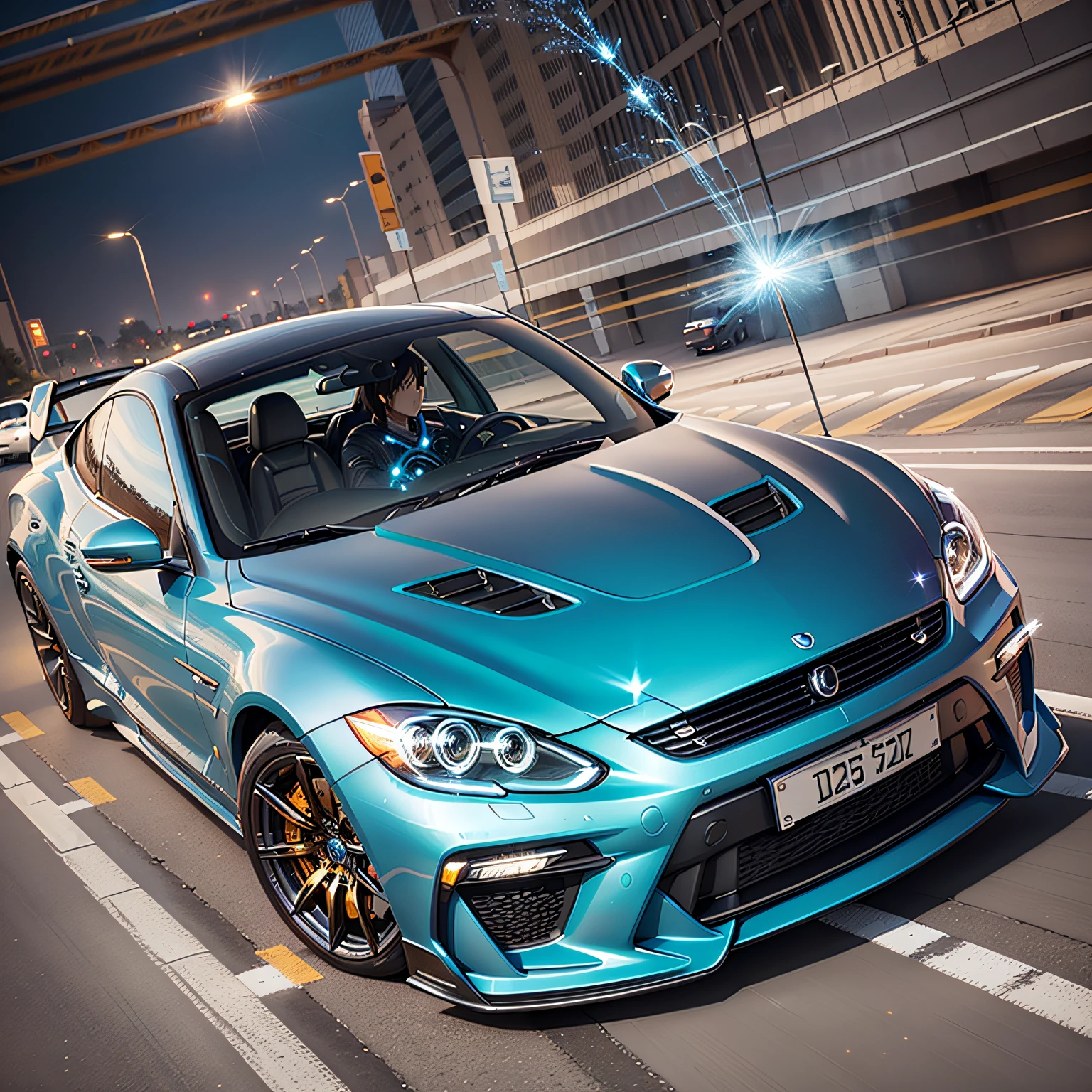 (extremely detailed CG unity 8k wallpaper, masterpiece, best quality, ultra-detailed), best illumination, beautiful reflection on the car,night street lights, the wind is blowing in the road indicating speed, depth of field, glossy surface, white car, luxurious, sporty, speed, modern, high-end, dynamic angle, Volumetric light --auto