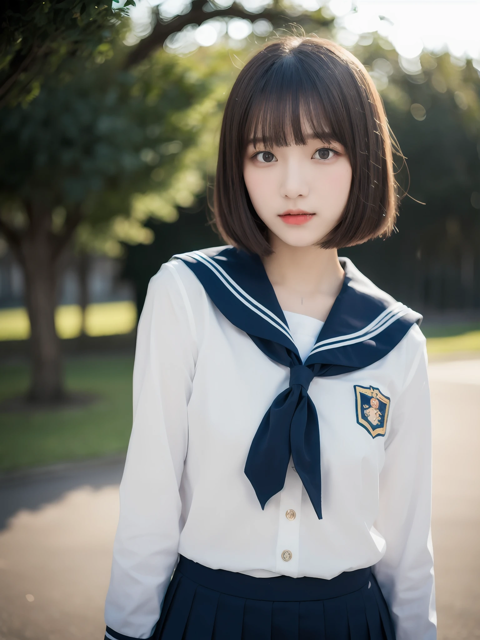 (best quality, 8k, 32k, masterpiece, UHD:1.2), 1girl, pretty japanese girl, High girl, Bobcut, Sailor uniform, Bust Shot, looking towards camera, Outdoors, Blunt bangs