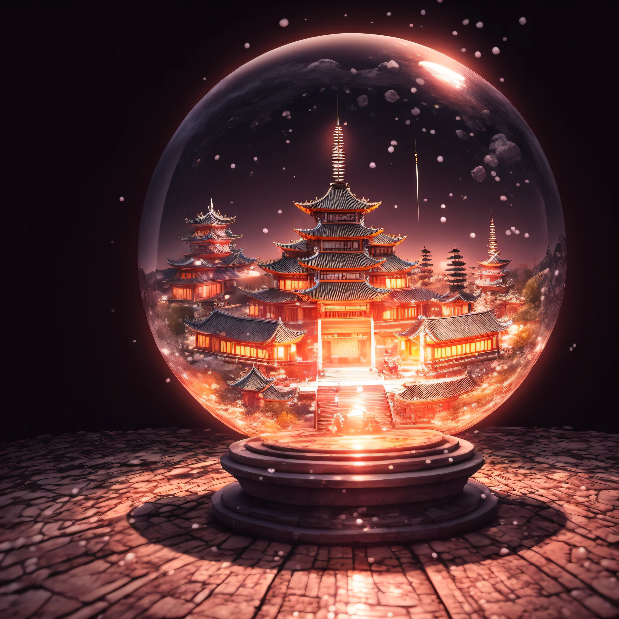 There was a snowball,There is a building inside, 3 d render beeple, cyberpunk chinese ancient castle, cyberpunk japanese temple, Beautiful rendering of the Tang Dynasty, beeple rendering, rossdraws global illumination, beeple. hyperphotorealism, digital painting of a pagoda, beeple masterpiece, beeple global illumination