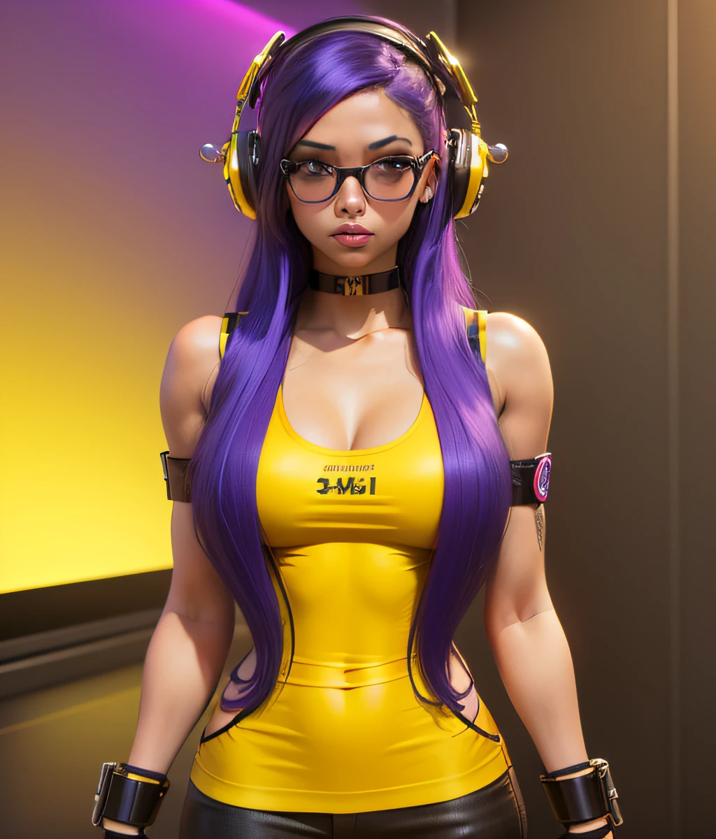 Girl with stunning 3D resolution 12K character in style [Hip Hop], seios grandes, topo amarelo, cabelo roxo longo, chibi em detalhes (corpo inteiro), altamente detalhado, brilhante, ultra alta qualidade, hiper-realismo, renderizado, [octan render]. --auto