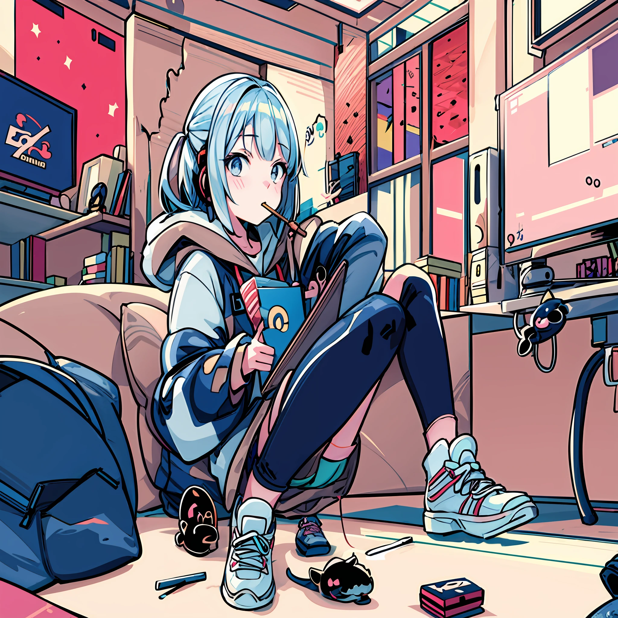 anime girl sitting on the floor with a cat and a computer, anime style 4 k, lofi-girl, 8 0 s anime vibe, 8 0 s anime art style, 8 0 s anime style, Anime art wallpaper 8k, in the art style of 8 0 s anime, best anime 4k konachan wallpaper, Anime style. 8K