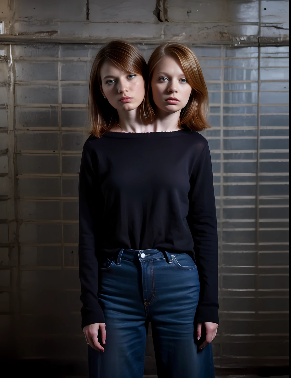 2heads, two headed girl, (one torso:1.5), pale skin, (redhead:1.4), (young:1.4), white girls, (two heads on one body:1.4), conjoined twins, heads side by side, one torso, uncomfortable, barefoot