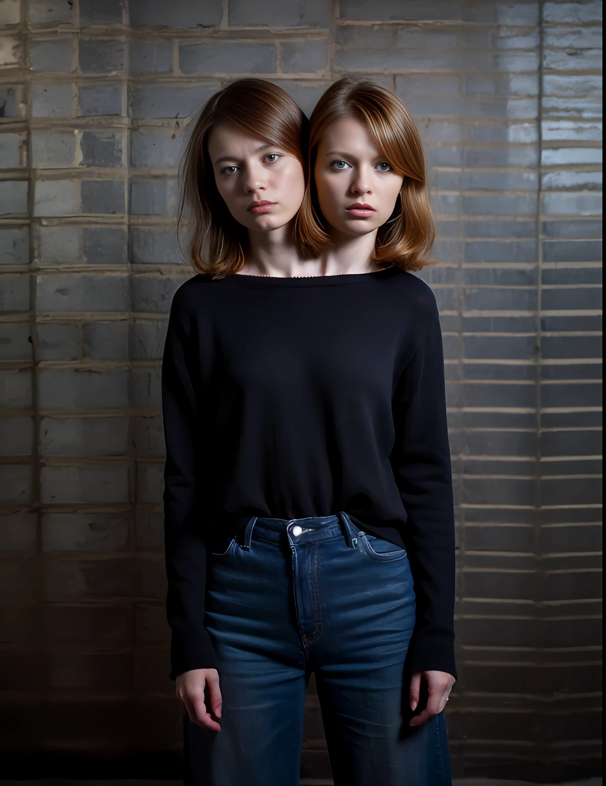 2heads, two headed girl, (one torso:1.5), pale skin, (redhead:1.4), (young:1.4), white girls, (two heads on one body:1.4), conjoined twins, heads side by side, one torso, uncomfortable, barefoot