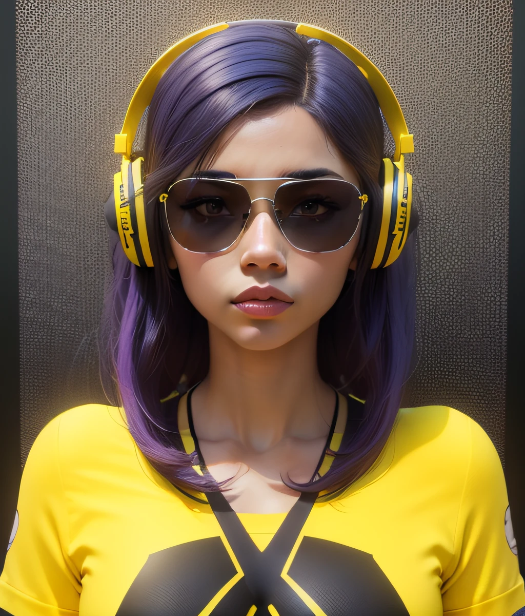 Girl with stunning 3D resolution 12K character in style [Hip Hop], seios grandes, topo amarelo, cabelo roxo longo, chibi em detalhes (corpo inteiro), altamente detalhado, brilhante, ultra alta qualidade, hiper-realismo, renderizado, [octan render]. --auto