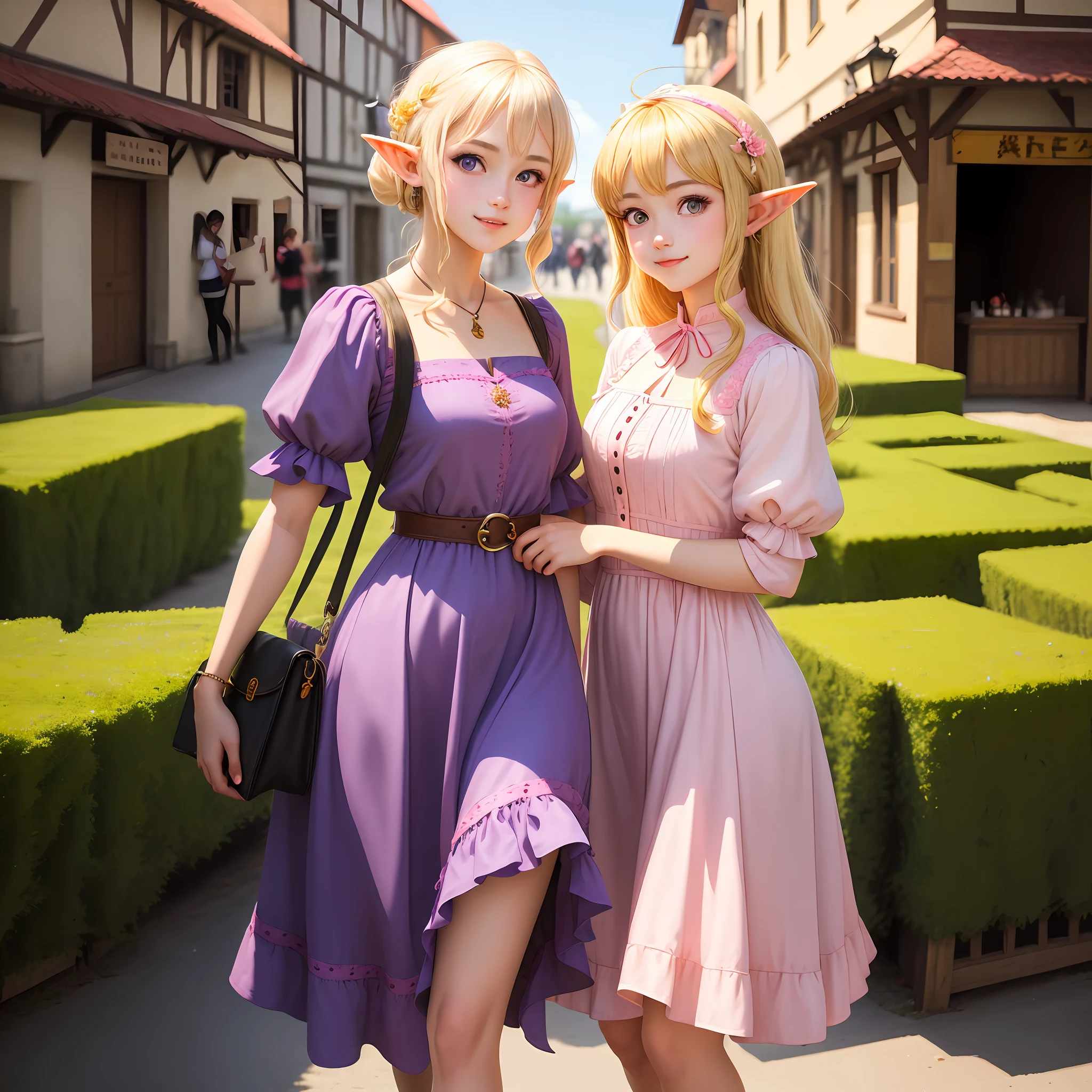 (Best Quority,a masterpiece of,Artistically)A age girl in a pink dress,pale-blonde hair。Egg roll heads。By bangs。Pink eyes。Elf ears。animemanga girl,Realistic style,CG。ssmile。Rococo dress。A bazaar in a medieval retro town。sun beam,Sunny weather。