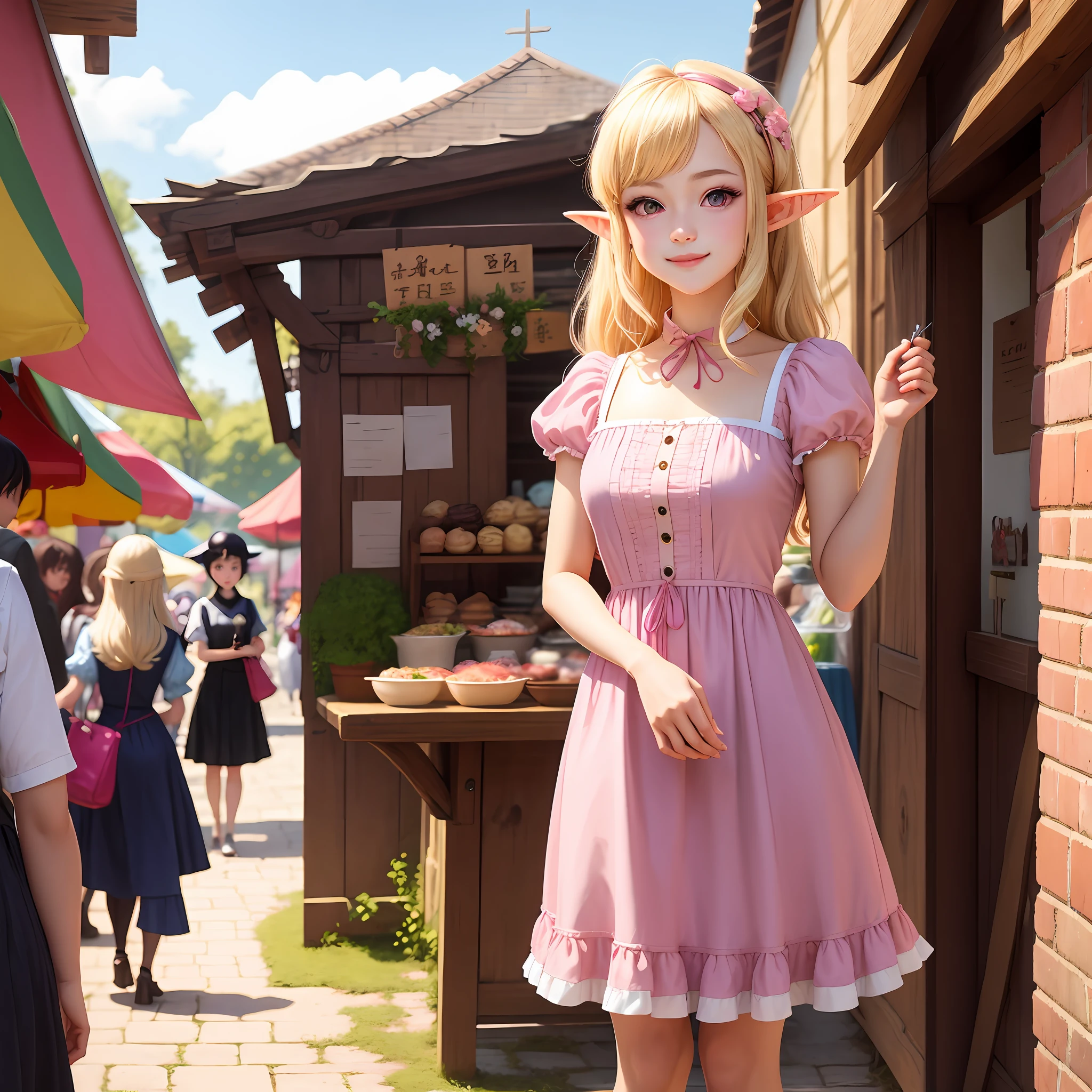 （Best Quority，a masterpiece of，Artistically）A teenage girl in a pink dress，pale-blonde hair。Egg roll heads。By bangs。Pink eyes。Elf ears。animemanga girl，Realistic style，CG。ssmile。Rococo dress。A bazaar in a medieval retro town。sun beam，Sunny weather。