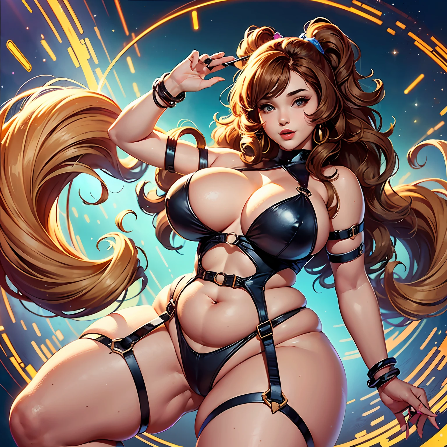 wonderfull nice girl, (voluptuous body), wide hips, curly hair, Emissive, Shimmering, (Accurate anatomy), wearing sheer slingshot single strap revealing tight