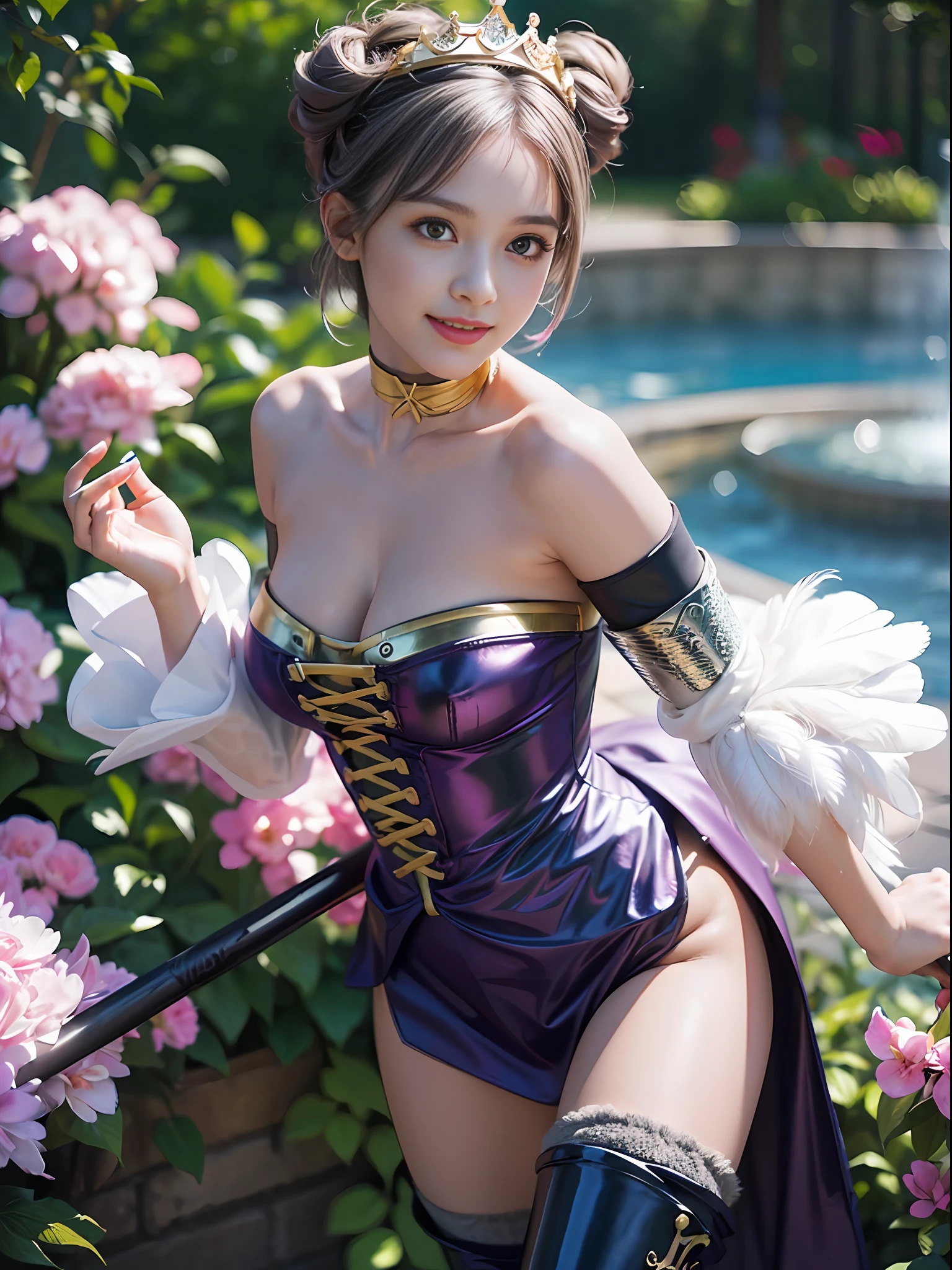 gwendolyn, (hip feathers, strapless dress, crown, detached sleeves, choker, armored thigh boots, feather hair buns:1.2), holding polearm, holding polearm on her hands, 1girl, seductive expression, sexy eyes, big breasts, smile, cute, looking at viewer, (very light violet hair:1.2), (breast focus:1.2), (realistic:1.2), (realism), (masterpiece:1.2), (ultra high quality), (ultra detailed), (8k, 4k, intricate), (full body:1.5), (85mm), light particles, lighting, (highly detailed:1.2), (detailed face:1.2), (gradients), colorful, (detailed eyes:1.2), (detailed garden with fountains:1.2), (detailed background), (dynamic angle:1.2), (dynamic pose:1.2), (rule of third_composition:1.3), (Line of action:1.2), wide shot, daylight, solo.