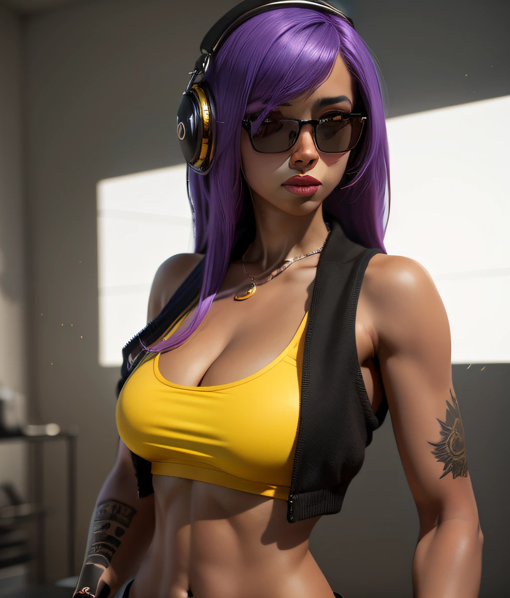 Girl with stunning 3D resolution 12K character in style [Hip Hop], seios grandes, topo amarelo, cabelo roxo longo, chibi em detalhes (corpo inteiro), altamente detalhado, brilhante, ultra alta qualidade, hiper-realismo, renderizado, [octan render]. --auto